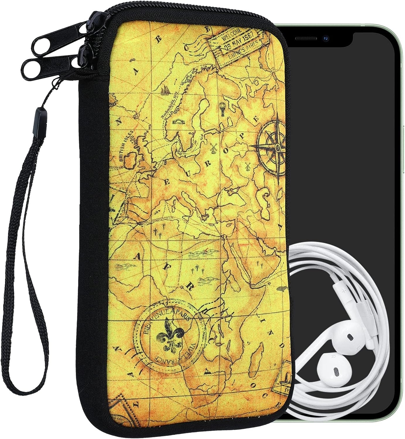 KWmobile Θήκη - Πουγκί Νεοπρενίου με Φερμουάρ για Smartphones έως 6.8" - Antique World Map / Black / Brown / Beige