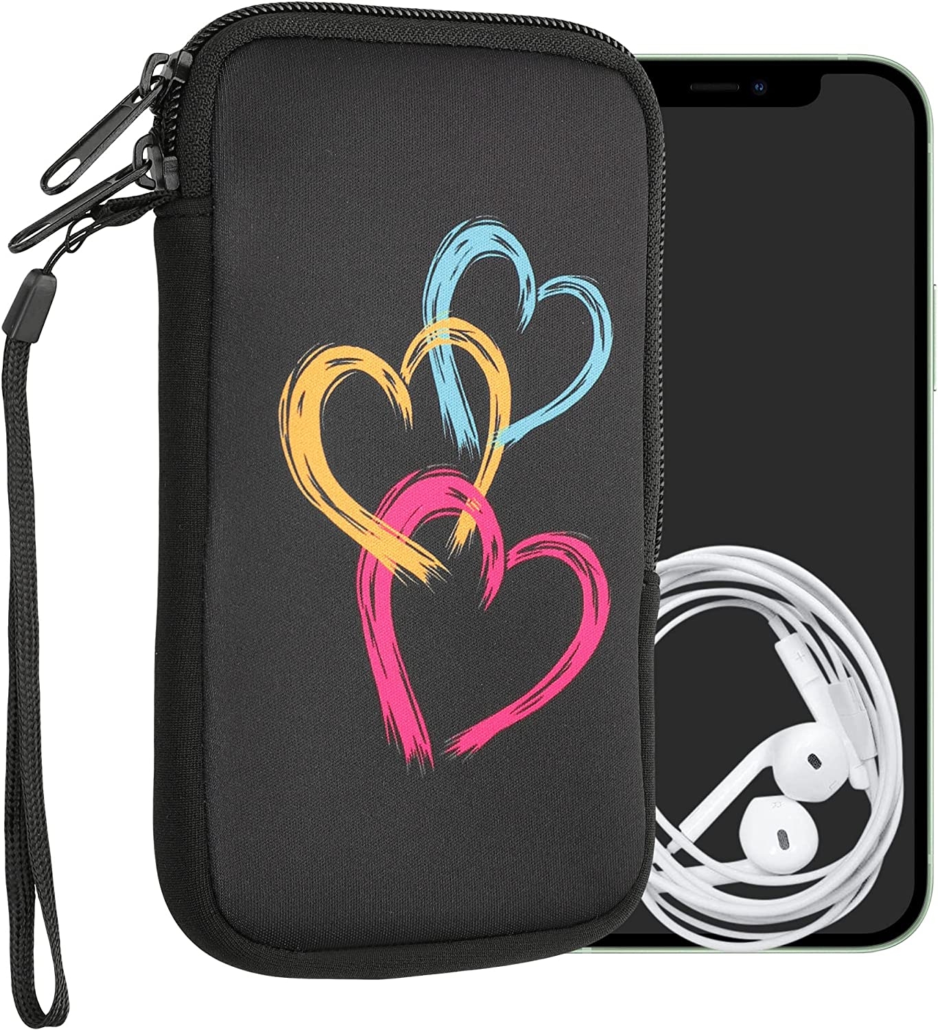 KWmobile Θήκη - Πουγκί Νεοπρενίου με Φερμουάρ για Smartphones έως 6.5" - Brushed Heart Abstract / Dark Pink / Orange / Black 