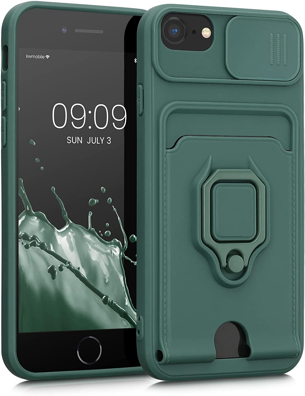KWmobile Θήκη Σιλικόνης με Κάλυμμα για την Κάμερα / Υποδοχή Κάρτας & Μεταλλικό Ring Holder - Apple iPhone SE 2022 / 2020 / 8 / 7 - Moss Green