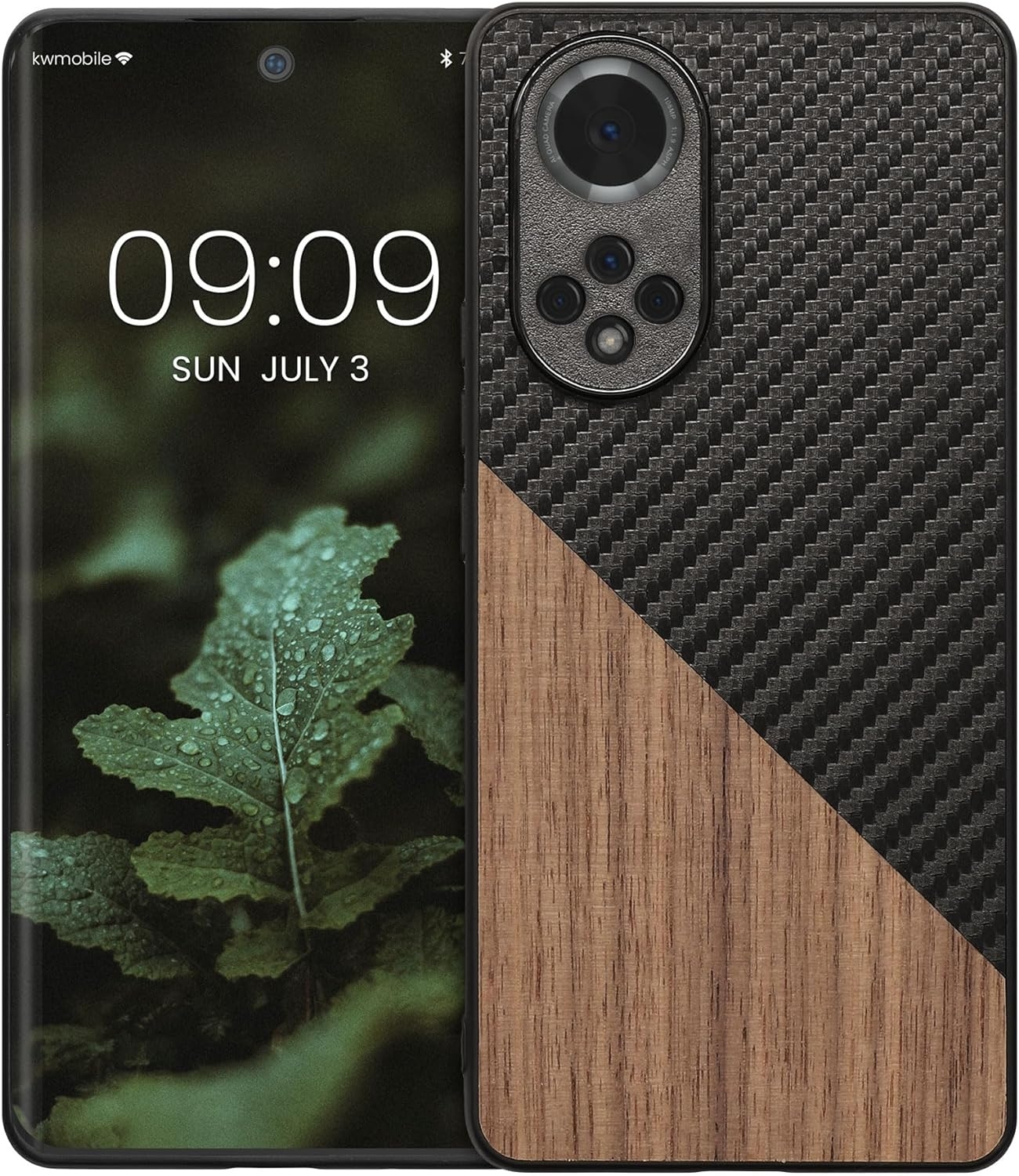 KWmobile Wood and Carbon Fiber - Σκληρή Ξύλινη Θήκη με TPU Bumper και Ανθρακονήματα - Honor 50 - Dark Brown / Black / Walnut