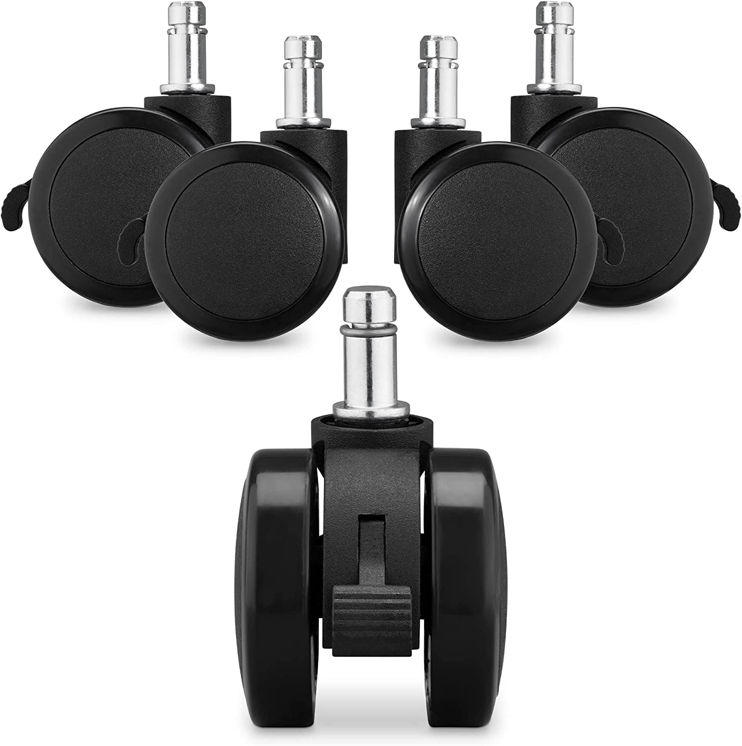 KW Office Chair Wheels - Ροδάκια Σκληρού Δαπέδου με Φρένο για Καρέκλα Γραφείου / Έπιπλα με Υποδοχή 11mm - Διάμετρος Τροχού 50mm - 5 Τεμάχια - Black