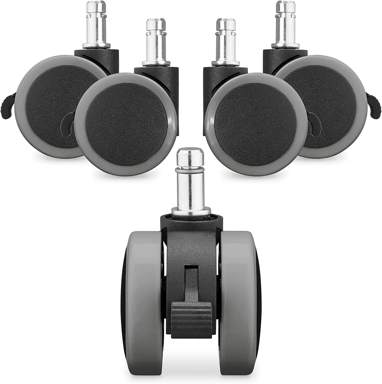 KW Office Chair Wheels - Ροδάκια Σκληρού Δαπέδου με Φρένο για Καρέκλα Γραφείου / Έπιπλα με Υποδοχή 11mm - Διάμετρος Τροχού 50mm - 5 Τεμάχια - Grey