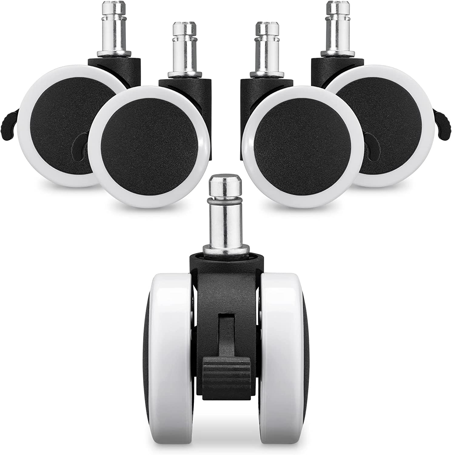 KW Office Chair Wheels - Ροδάκια Σκληρού Δαπέδου με Φρένο για Καρέκλα Γραφείου / Έπιπλα με Υποδοχή 11mm - Διάμετρος Τροχού 50mm - 5 Τεμάχια - White