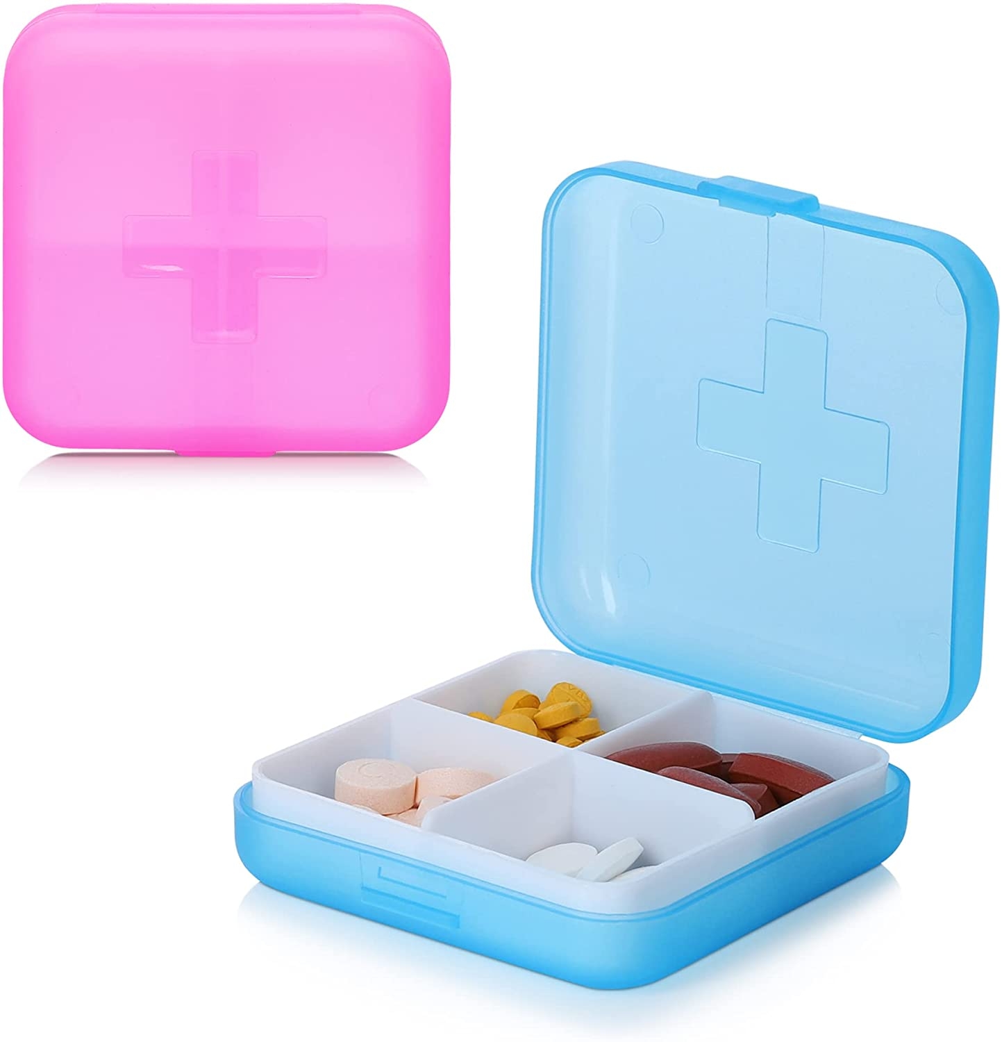 KW Pill Organizer Box - Θήκη Χαπιών με 4 Θέσεις - 6.5 x 6.5 x 2 cm - 2 Τεμάχια - Blue / Dark Pink