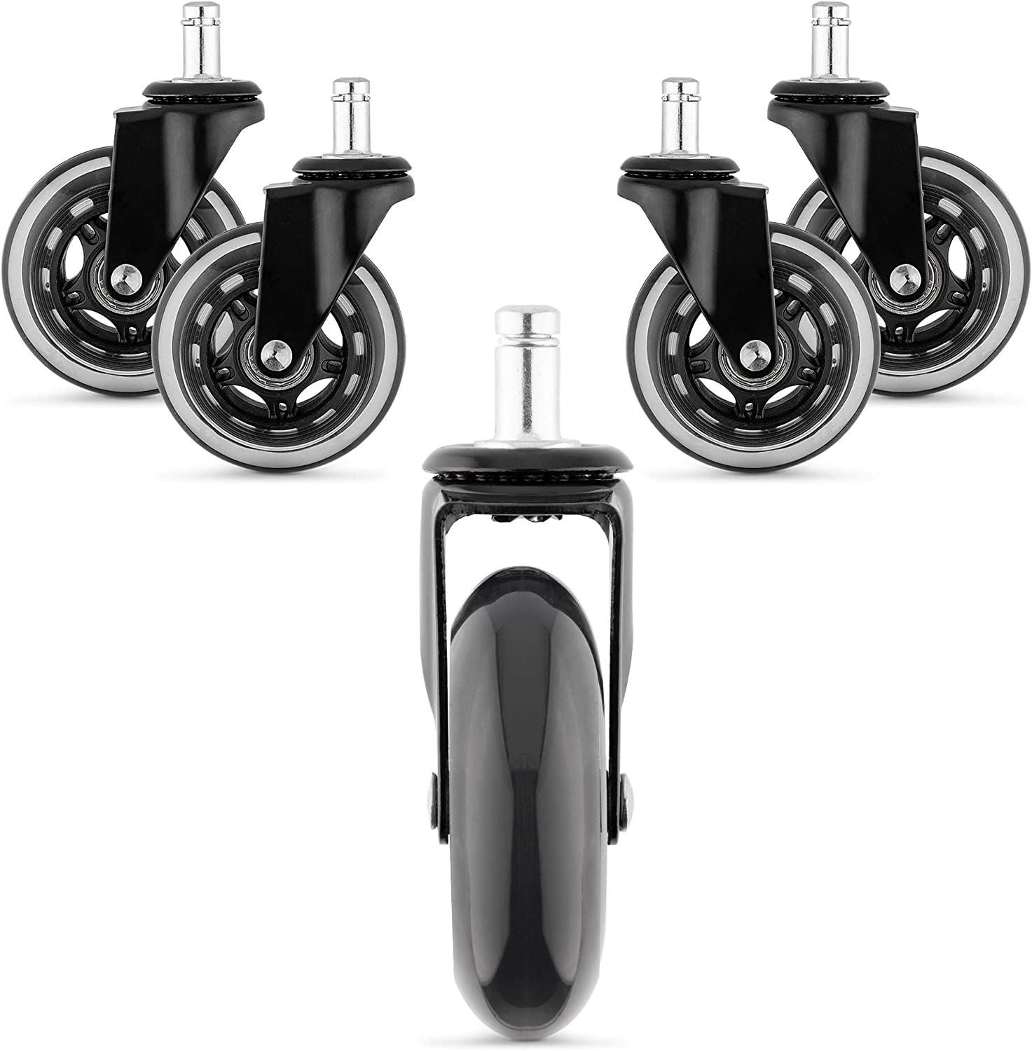 KW Premium Αθόρυβα Ροδάκια Σκληρού Δαπέδου για Καρέκλα Γραφείου / Έπιπλα με Υποδοχή 10mm - Διάμετρος Τροχού 75mm - 5 Τεμάχια - Black / Transparent