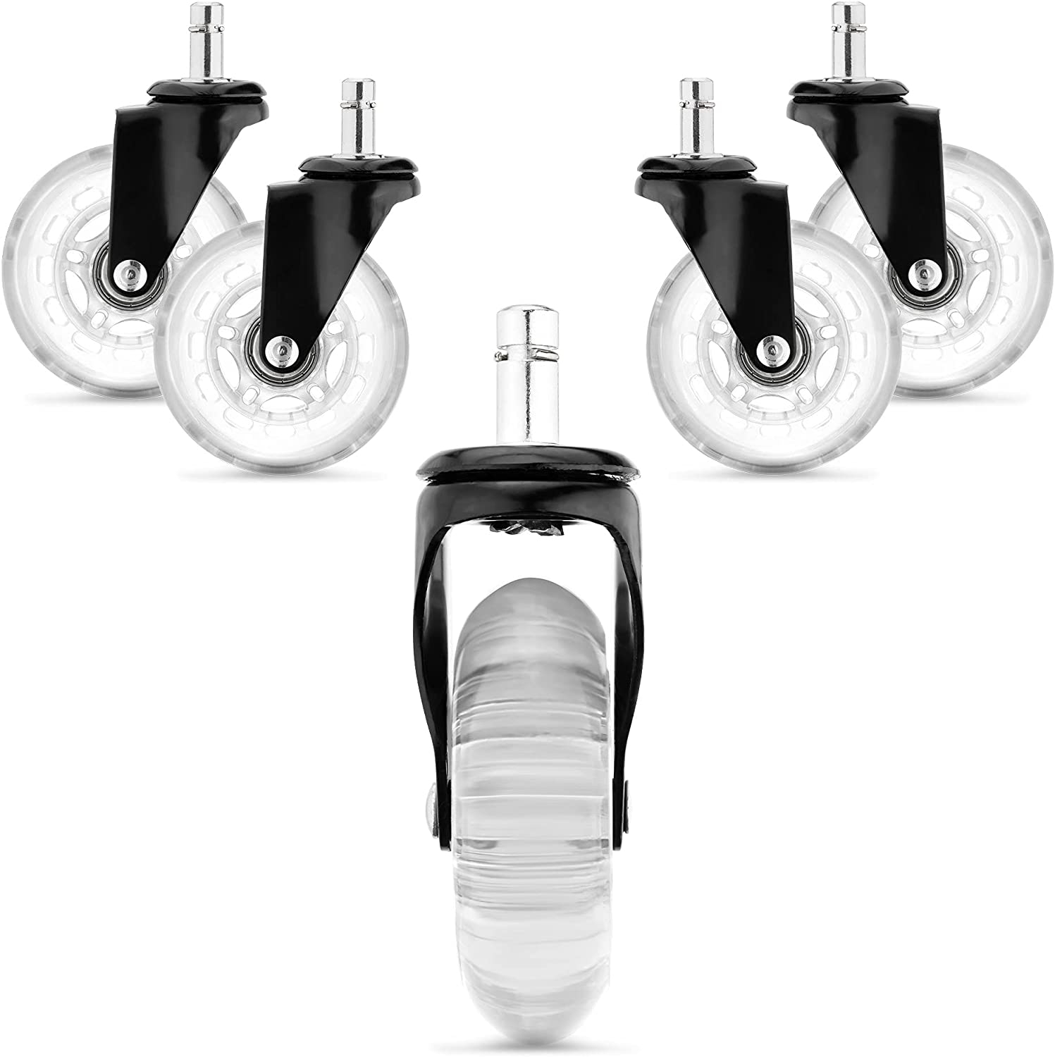 KW Premium Αθόρυβα Ροδάκια Σκληρού Δαπέδου για Καρέκλα Γραφείου / Έπιπλα με Υποδοχή 10mm - Διάμετρος Τροχού 75mm - 5 Τεμάχια - Transparent