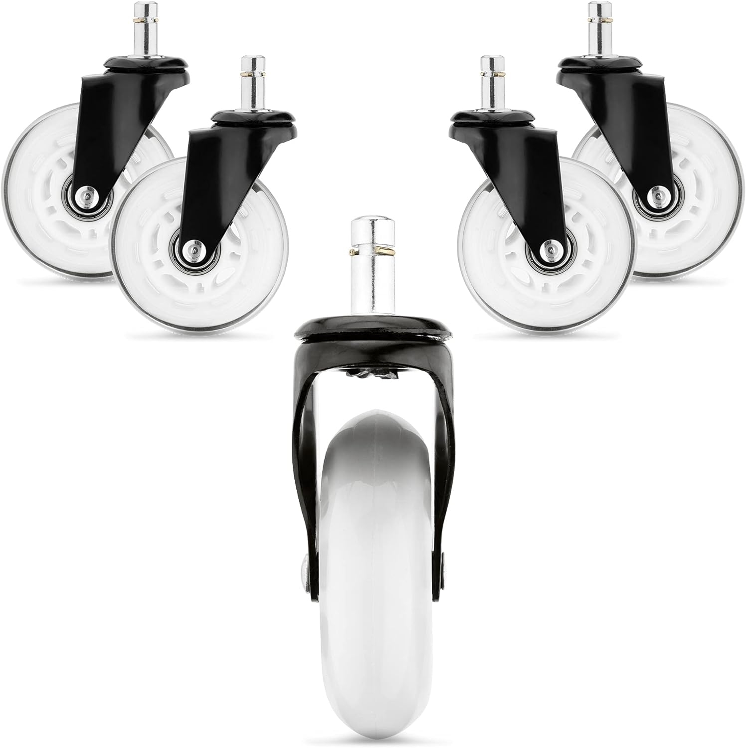 KW Premium Αθόρυβα Ροδάκια Σκληρού Δαπέδου για Καρέκλα Γραφείου / Έπιπλα με Υποδοχή 10mm - Διάμετρος Τροχού 75mm - 5 Τεμάχια - White / Transparent