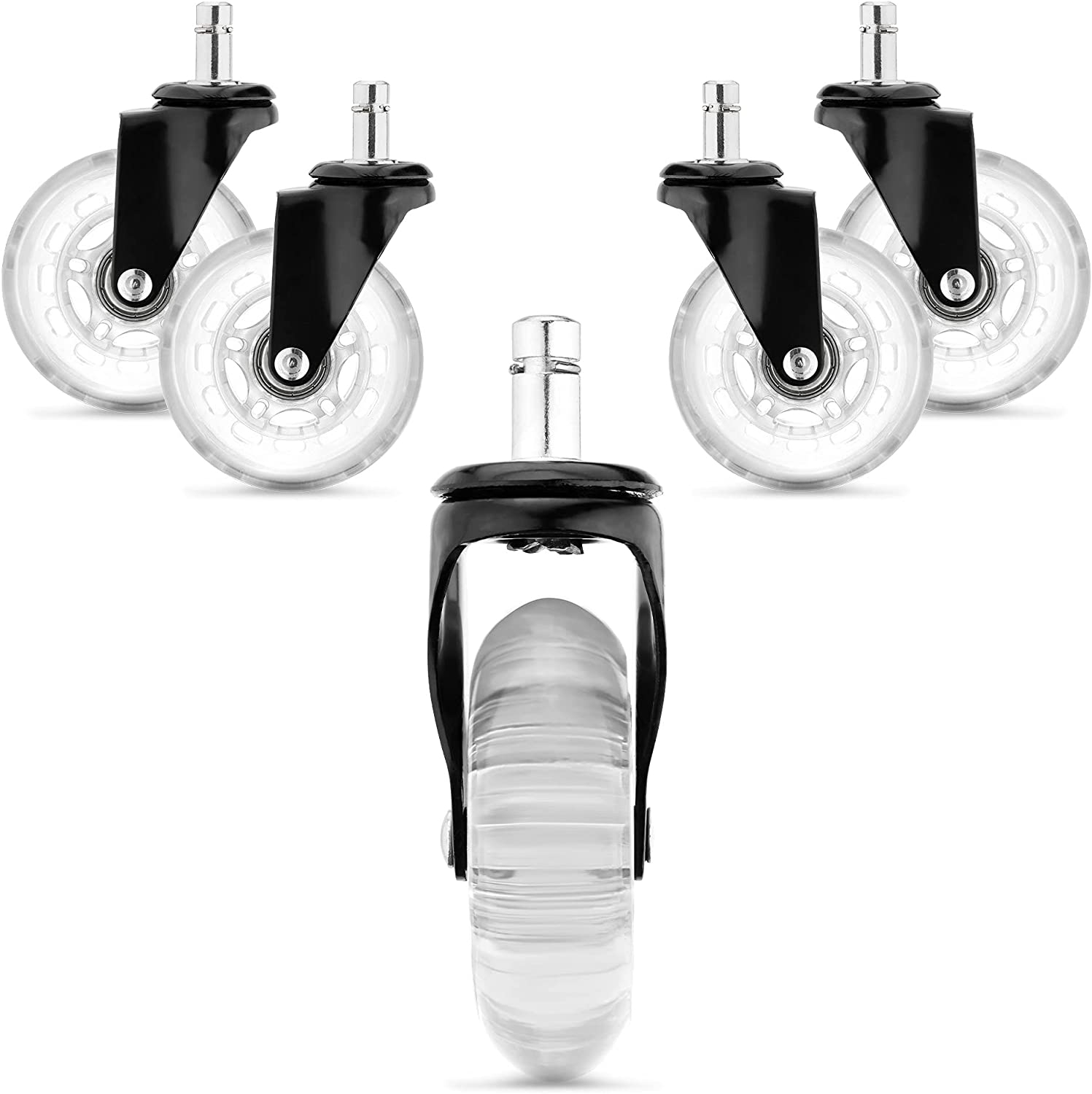 KW Premium Αθόρυβα Ροδάκια Σκληρού Δαπέδου για Καρέκλα Γραφείου / Έπιπλα με Υποδοχή 11mm - Διάμετρος Τροχού 75mm - 5 Τεμάχια - Transparent