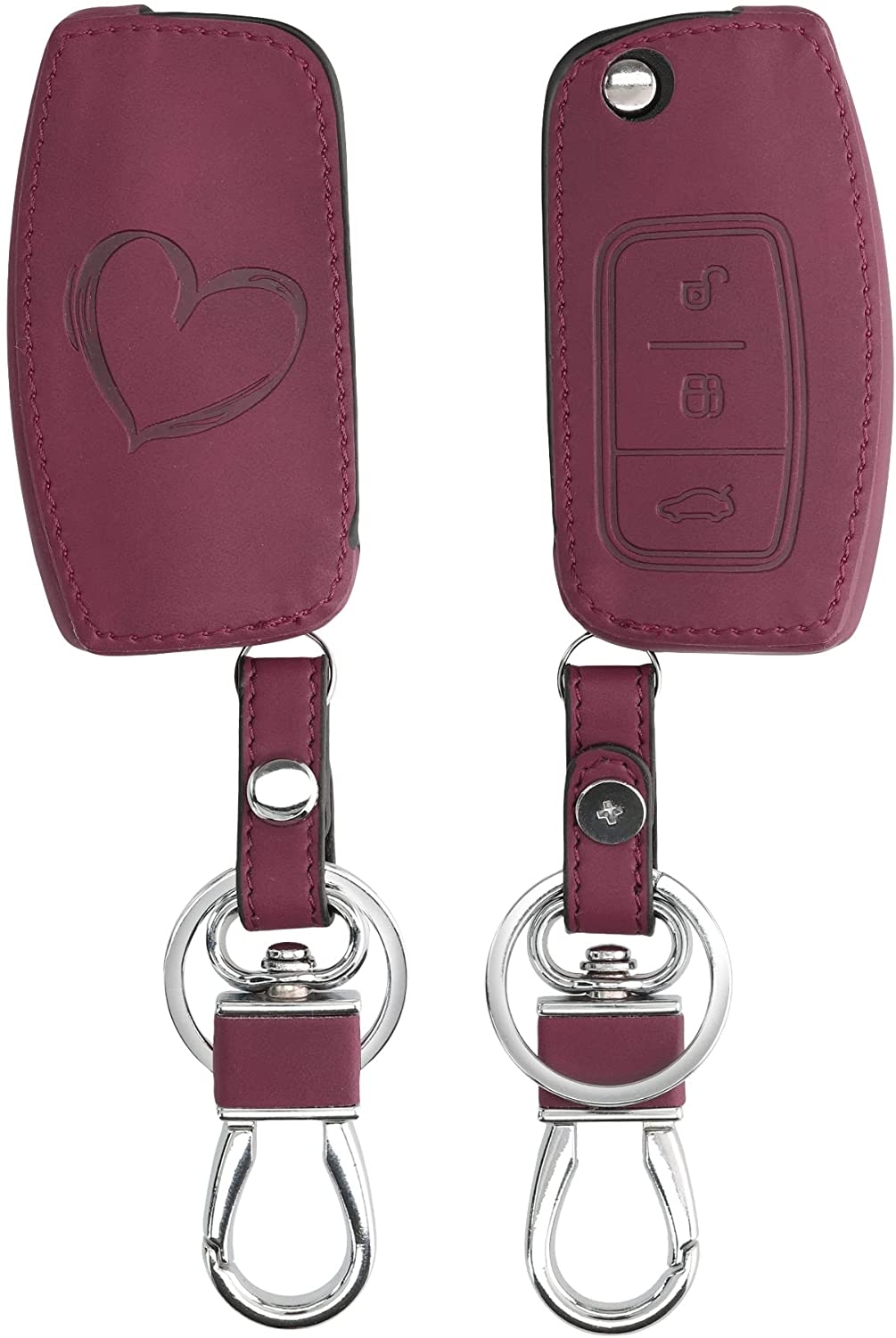KW PU Leather Θήκη Κλειδιού Ford - 3 Κουμπιά - Flip Key - Brushed Heart / Dark Red