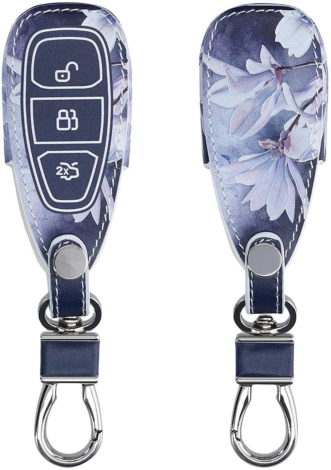 KW PU Leather Θήκη Κλειδιού Ford - 3 Κουμπιά - Keyless Go - Full Print Blooming Magnolia
