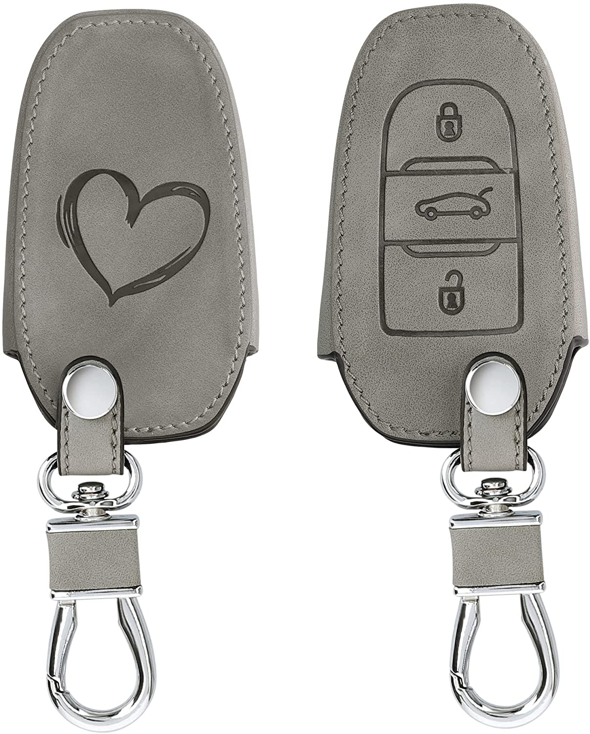 KW PU Leather Θήκη Κλειδιού Peugeot Citroen - 3 Κουμπιά - Smart Key Keyless Go - Brushed Heart / Grey 