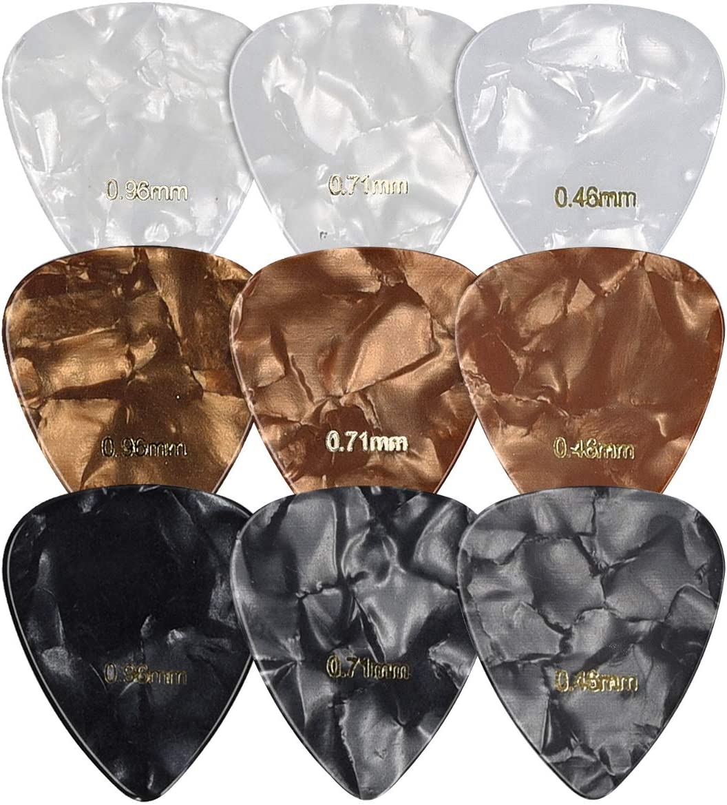 KW Set of 9 Guitar Picks - Σετ με 9 Πένες από Celluloid για Ακουστική και Ηλεκτρική Κιθάρα / Μπάσο / Γιουκαλίλι - Πάχος 0.96mm / 0.71mm / 0.46mm - Black / White / Gold