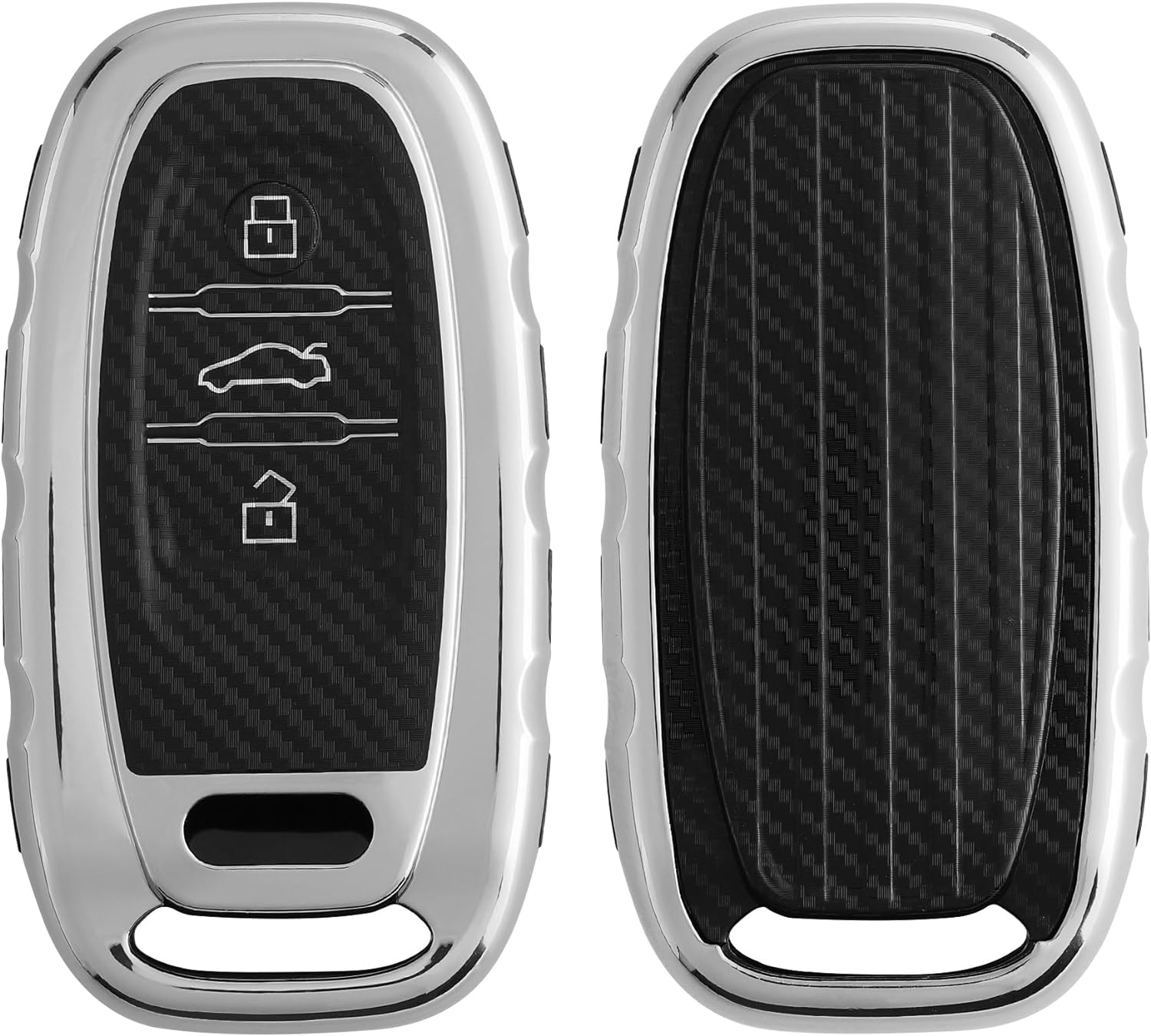 KW Θήκη Κλειδιού Audi - Carbon Σιλικόνη με Έγχρωμο Πλαίσιο & Κουμπιά - 3 Κουμπιά - Keyless Go - Silver High Gloss