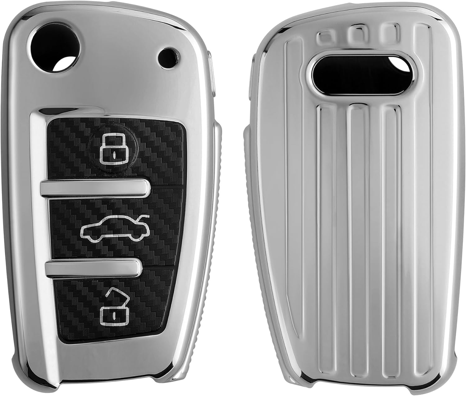 KW Θήκη Κλειδιού Audi / Seat - Carbon Σιλικόνη με Έγχρωμο Πλαίσιο & Κουμπιά - 3 Κουμπιά - Flip Key - Silver High Gloss