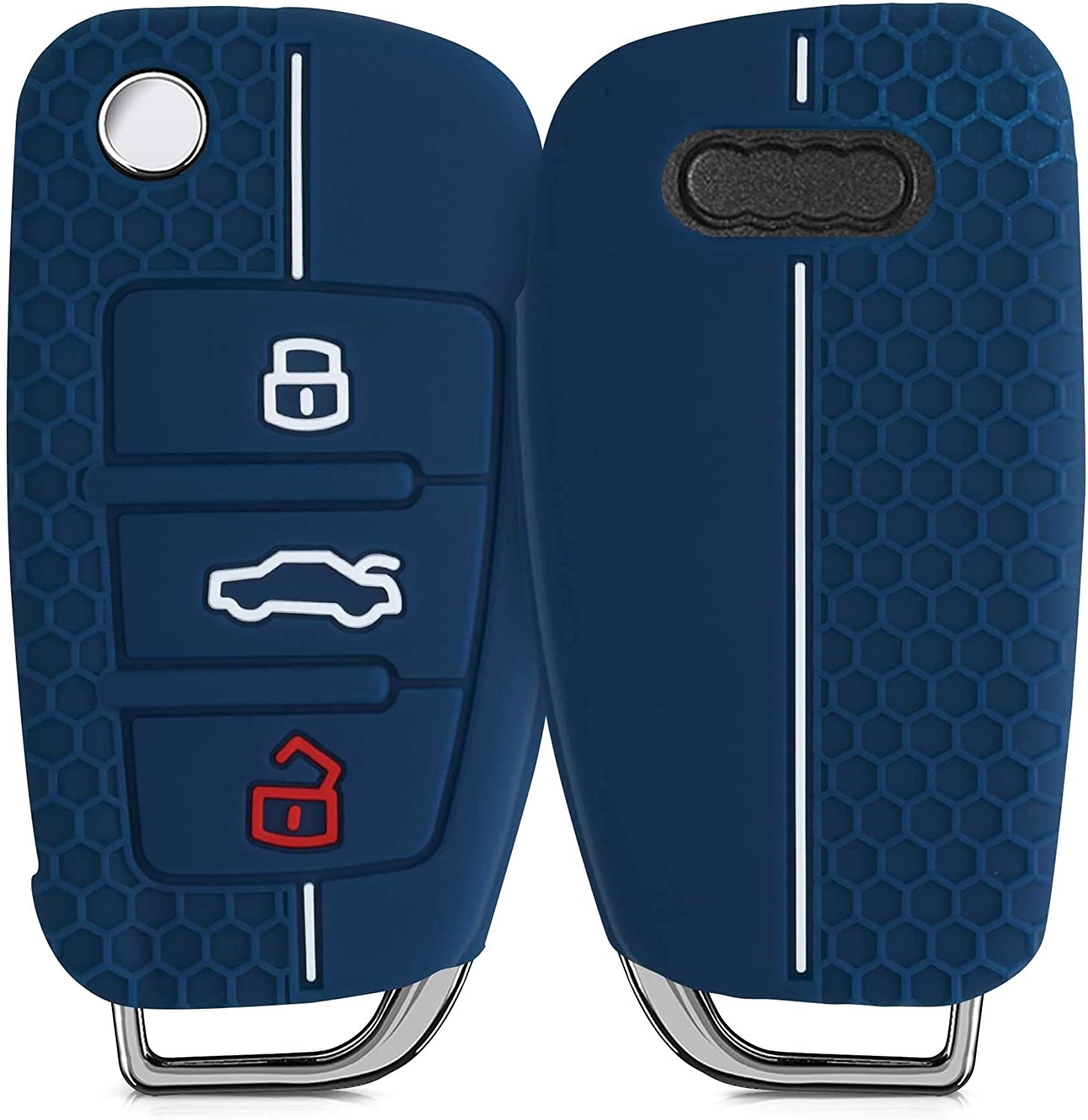 KW Θήκη Κλειδιού Audi - Σιλικόνη - 3 Κουμπιά - Flip Key - Dark Blue / White