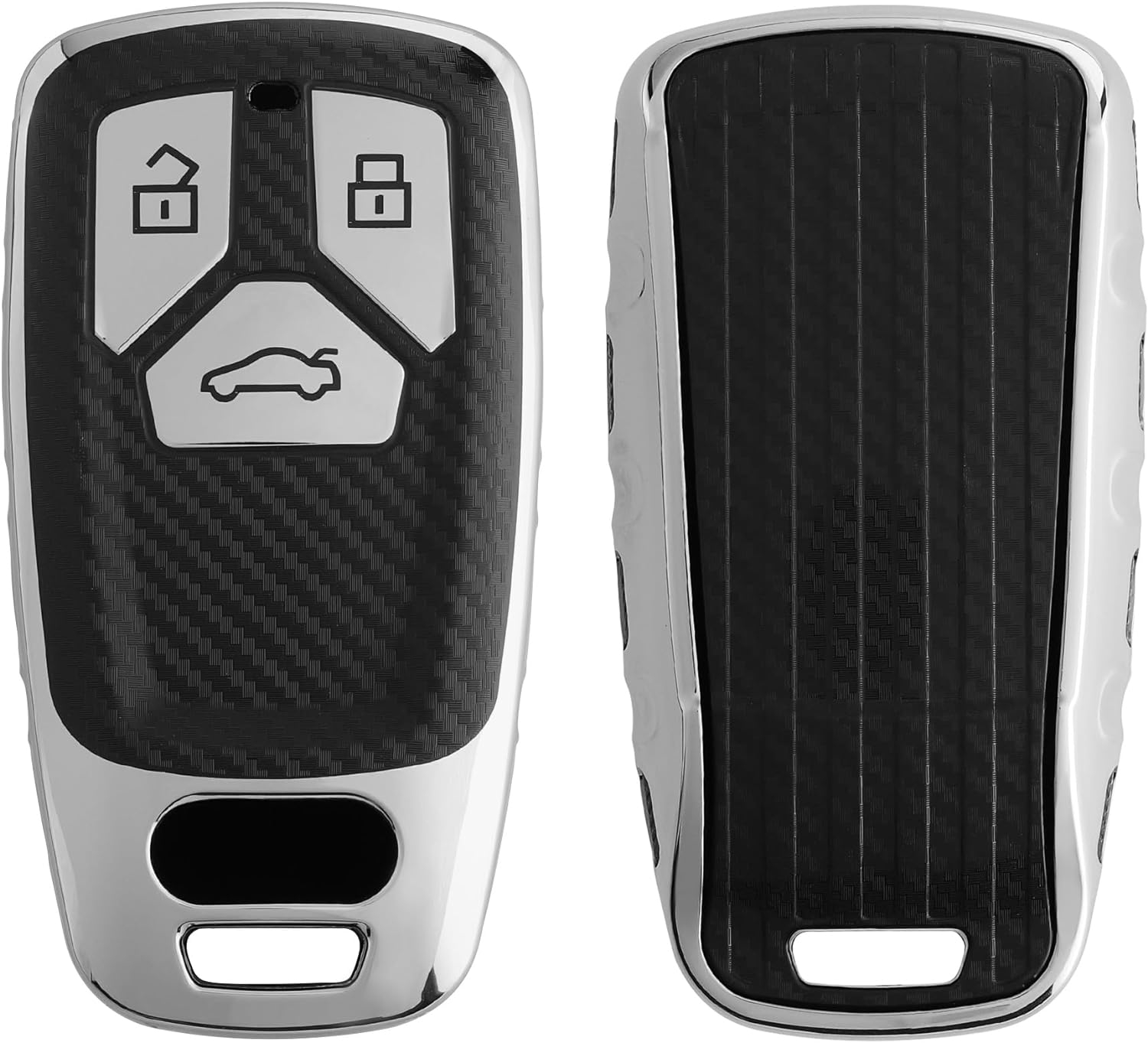 KW Θήκη Κλειδιού Audi - Carbon Σιλικόνη με Έγχρωμο Πλαίσιο & Κουμπιά - 3 Κουμπιά - Smart Key Only Keyless Go - Silver High Gloss