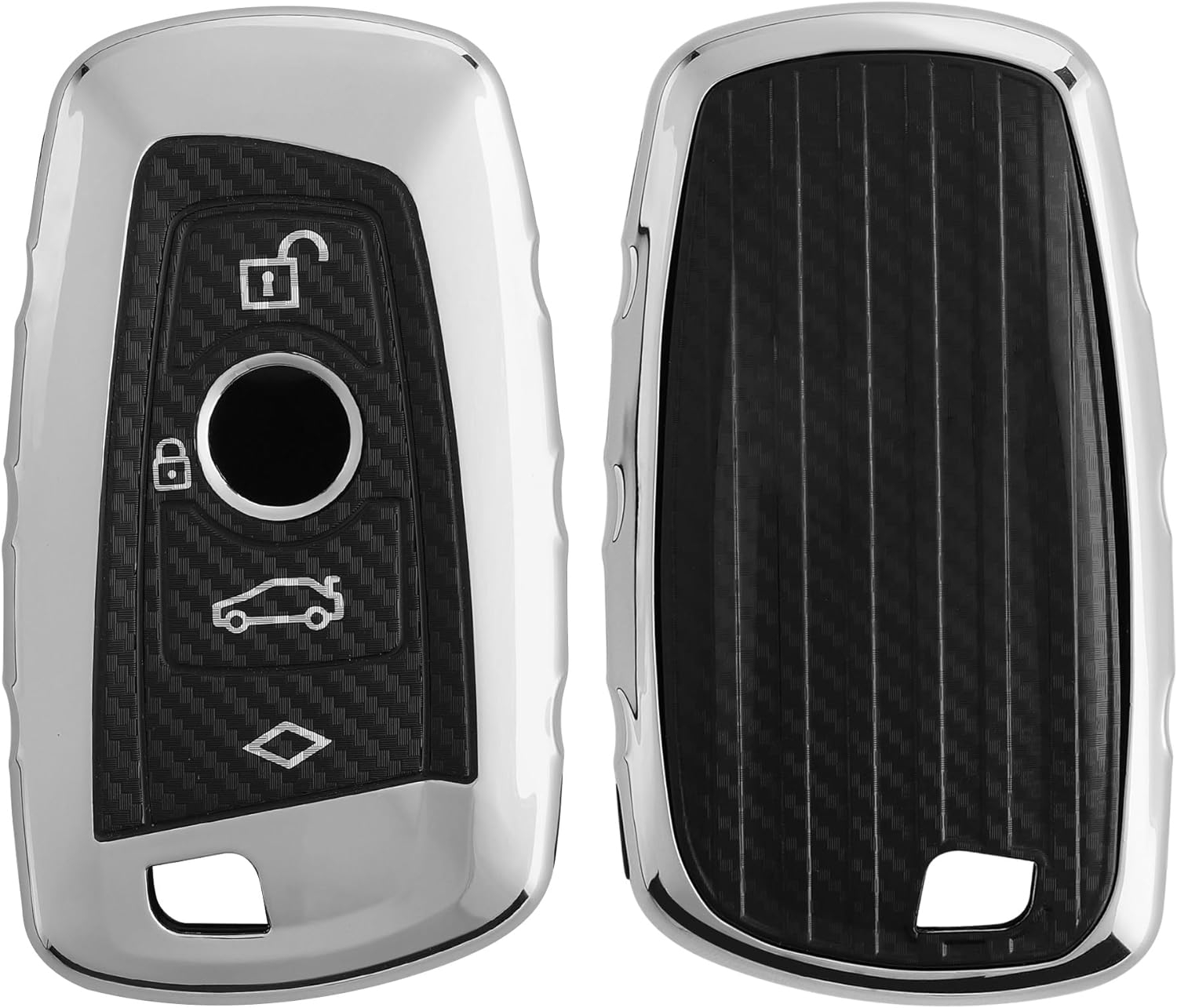 KW Θήκη Κλειδιού BMW - Carbon Σιλικόνη με Έγχρωμο Πλαίσιο & Κουμπιά - 3 Κουμπιά - Remote Control Only Keyless Go - Silver High Gloss