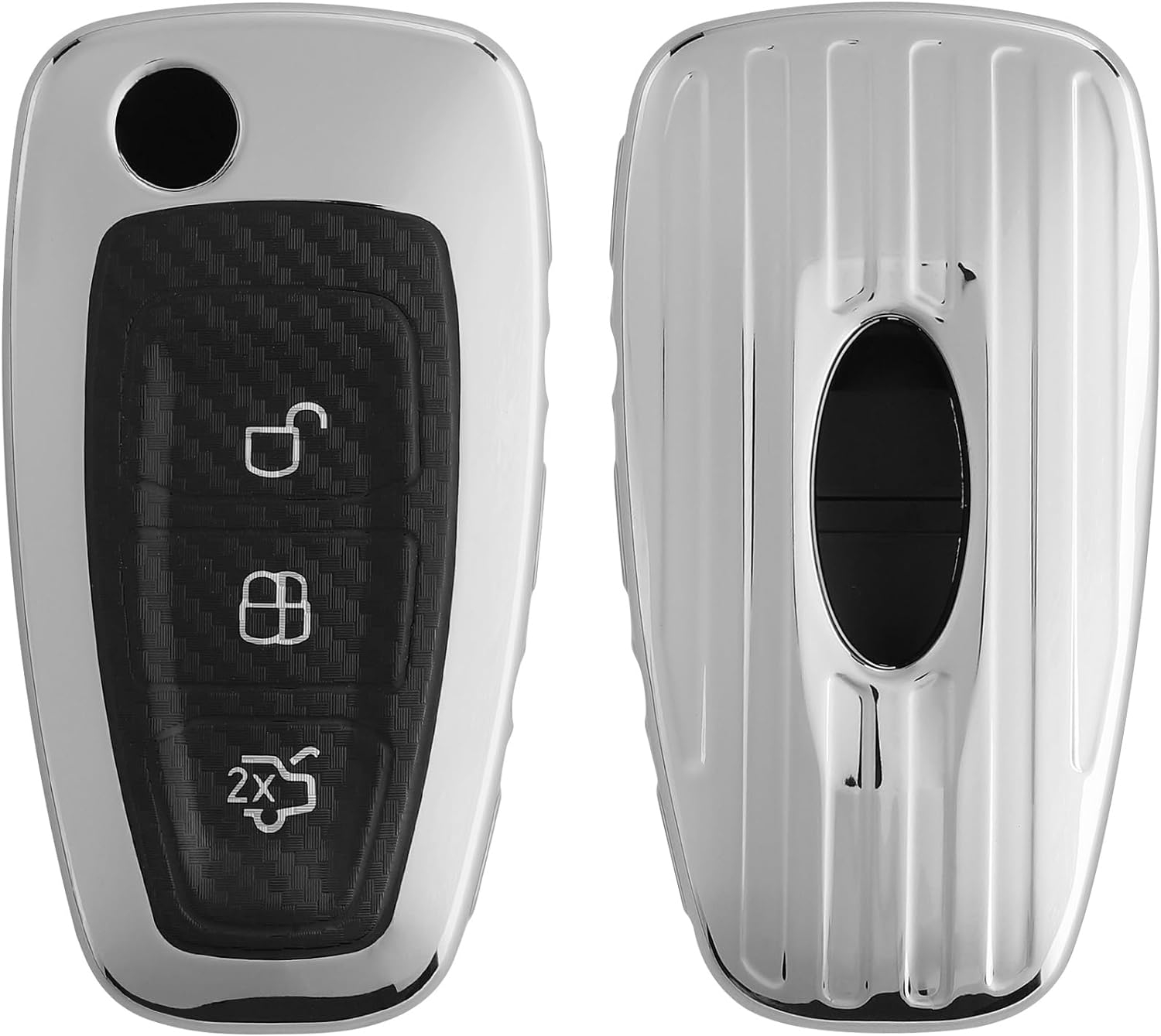 KW Θήκη Κλειδιού Ford - Carbon Σιλικόνη με Έγχρωμο Πλαίσιο & Κουμπιά - 3 Κουμπιά - Flip Key - Silver High Gloss