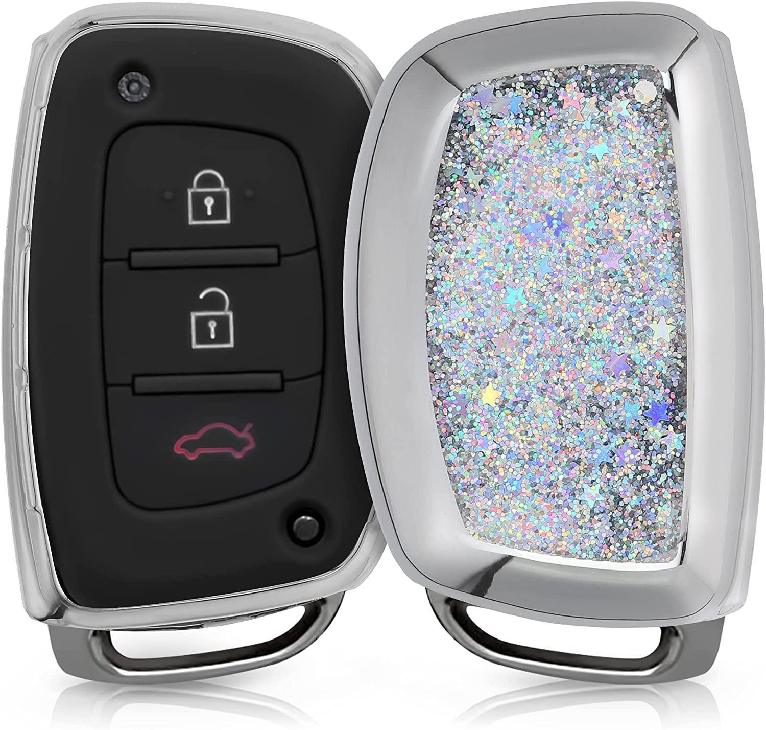 KW Θήκη Κλειδιού Hyundai Kia - Σιλικόνη - 3 Κουμπιά - Keyless Go - Stars Snow Globe / Silver / Metallic Silver