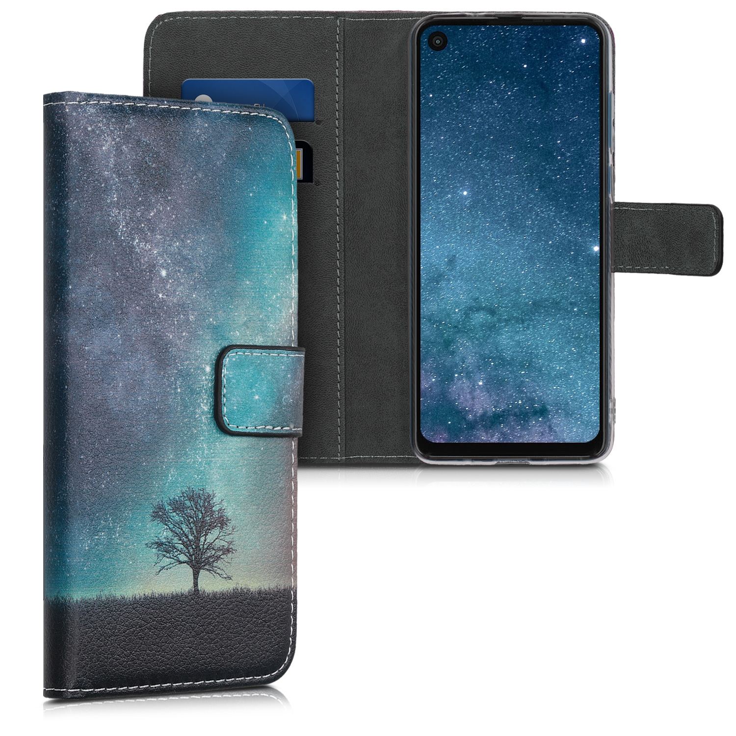 KW Θήκη - Πορτοφόλι Motorola One Vision - Cosmic Nature, Blue / Grey / Black