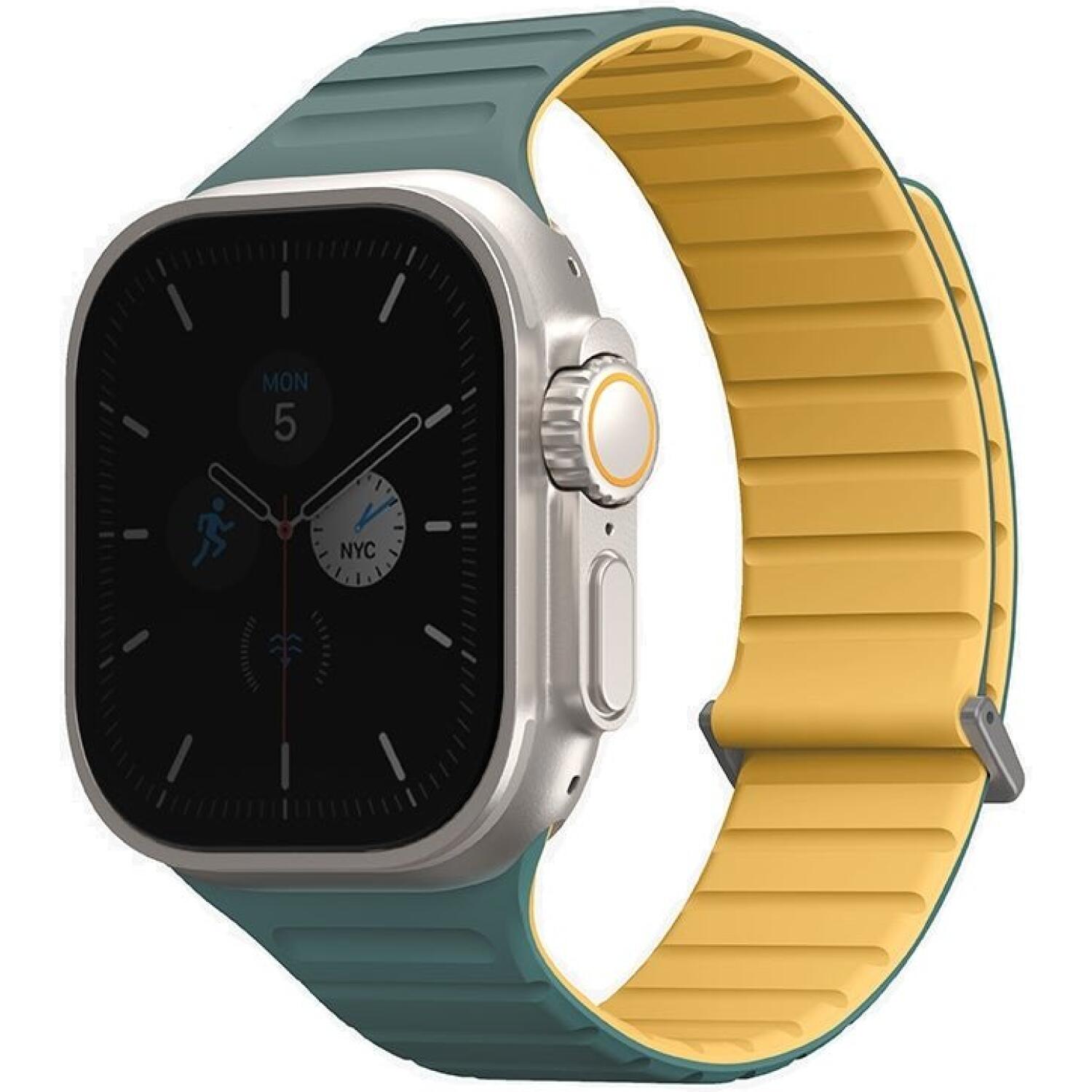 Λουράκι Apple Watch Ultra/SE/11/10/9/8/7/6/5/4 (49/46/45/44mm) Uniq Revix Evo Αναστρέψιμο Μαγνητικό από Premium Σιλικόνη Viridian Green / Burnt Yellow