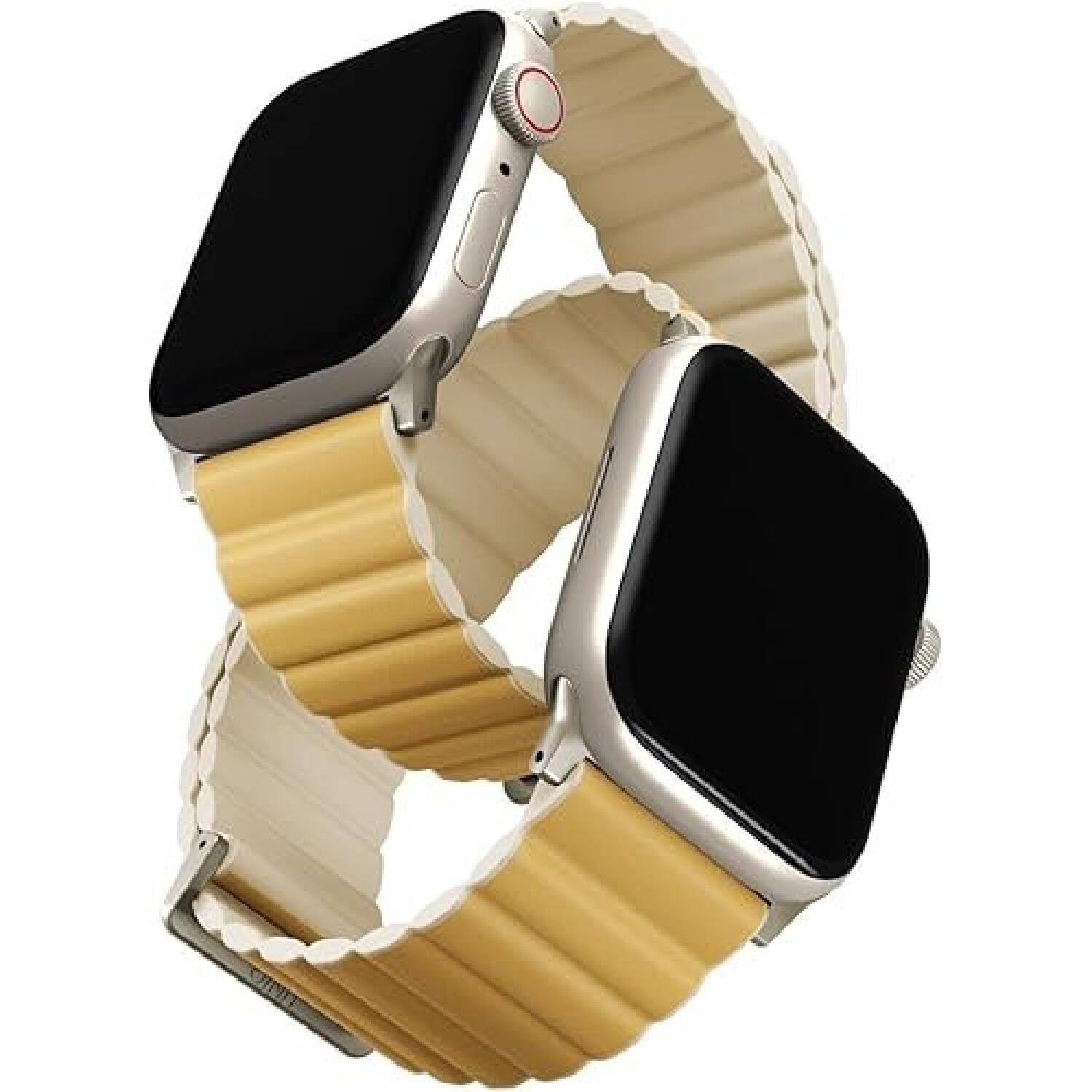 Λουράκι Apple Watch Ultra/SE/11/10/9/8/7/6/5/4 (49/46/45/44mm) Uniq Revix Premium Edition Αναστρέψιμο Μαγνητικό από Premium Σιλικόνη & Δέρμα Canary Yellow / Ivory