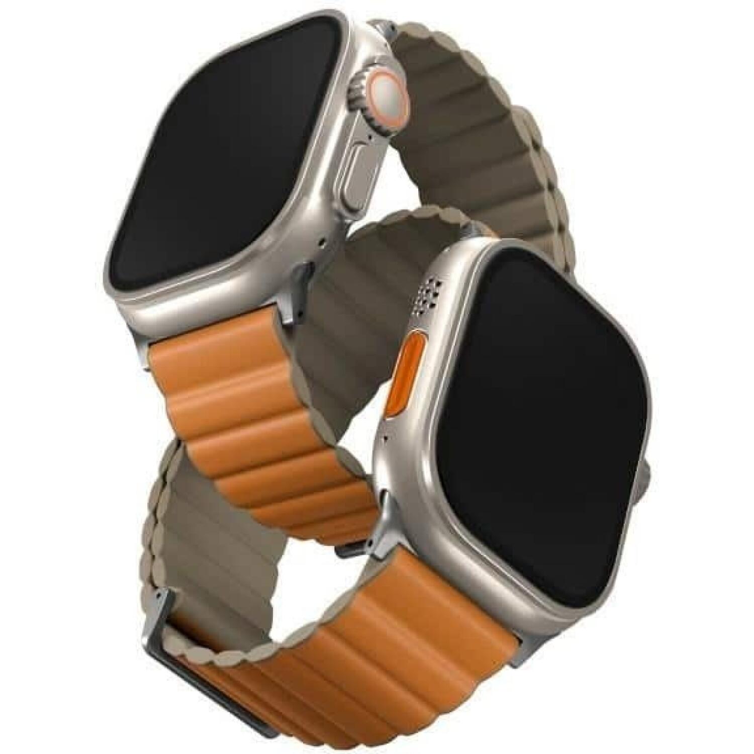Λουράκι Apple Watch Ultra/SE/11/10/9/8/7/6/5/4 (49/46/45/44mm) Uniq Revix Premium Edition Αναστρέψιμο Μαγνητικό από Premium Σιλικόνη & Δέρμα Saffron Orange / Khaki