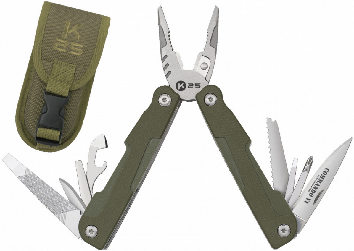 K25 Commando Tactical VI Pliers - Πολυεργαλείο από Ανοξείδωτο Ατσάλι / Πένσα με 11 Εργαλεία & Θήκη - Green