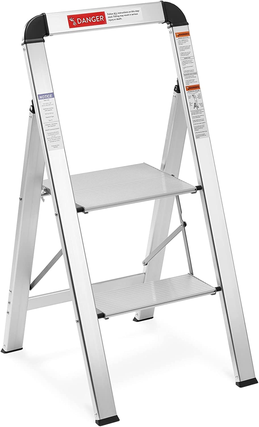Navaris 2 Step Aluminum Step Stool - Πτυσσόμενη Σκάλα / Σκαμπό από Αλουμίνιο με 2 Αντιολισθητικά Σκαλοπάτια - Silver