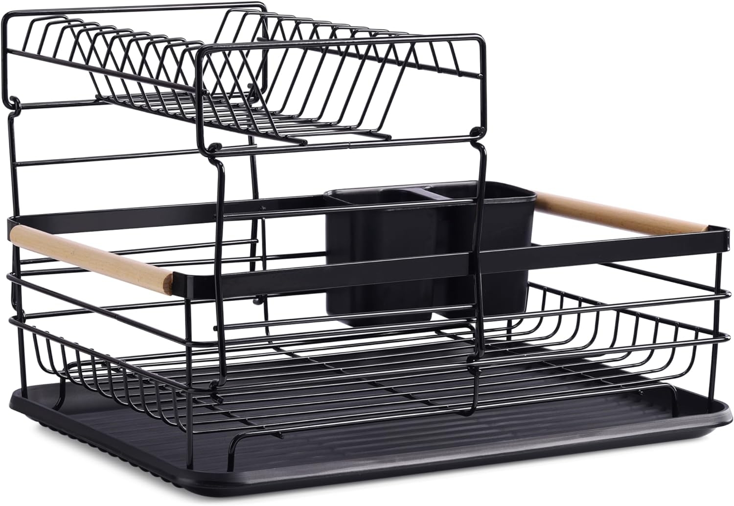 Navaris 2 Tier Dish Drainer Rack - Πιατοθήκη 2 Επιπέδων / Στραγγιστήρι με Ξύλινες Λαβές - 43 x 32 x 29 cm - Black
