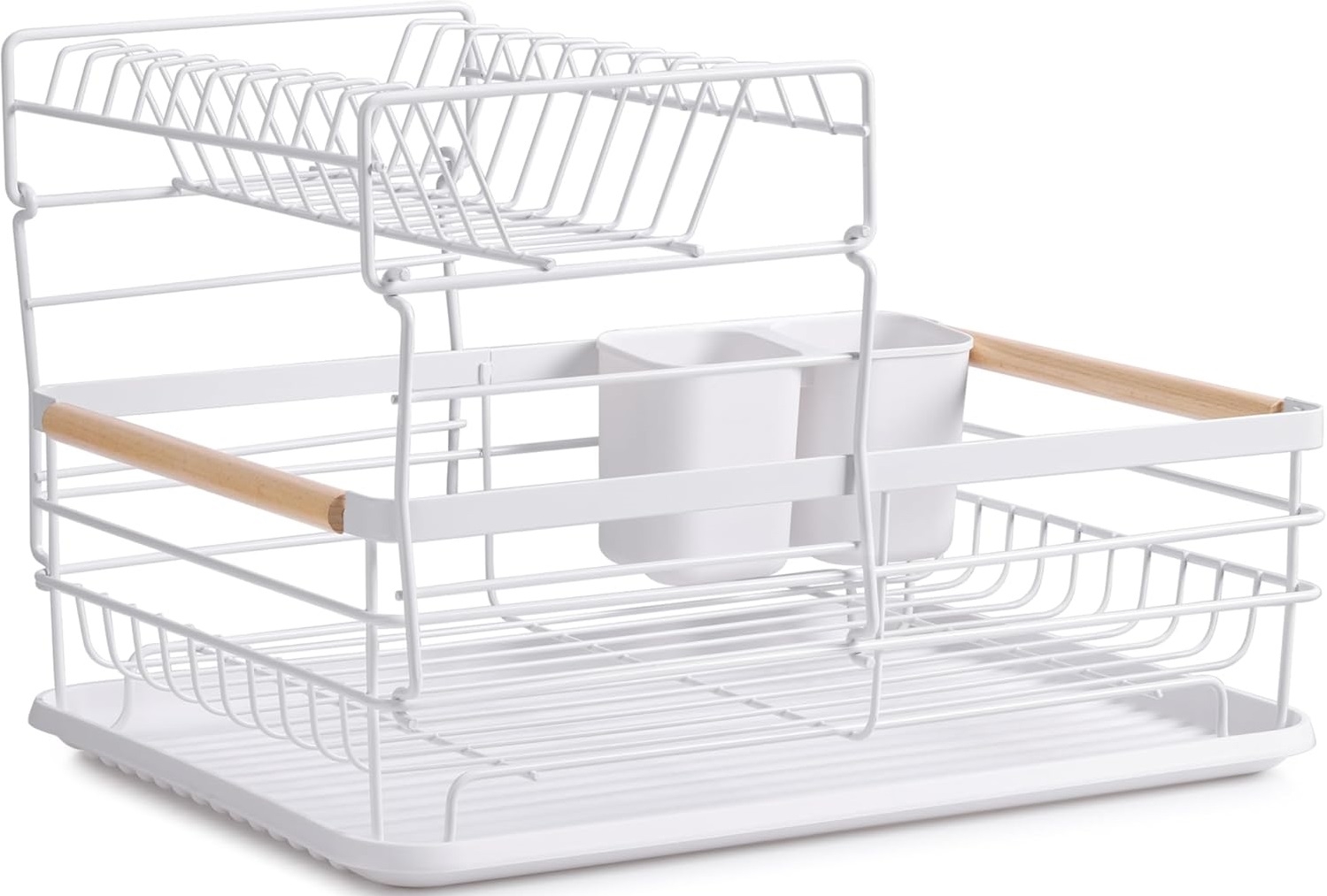 Navaris 2 Tier Dish Drainer Rack - Πιατοθήκη 2 Επιπέδων / Στραγγιστήρι με Ξύλινες Λαβές - 43 x 32 x 29 cm - White