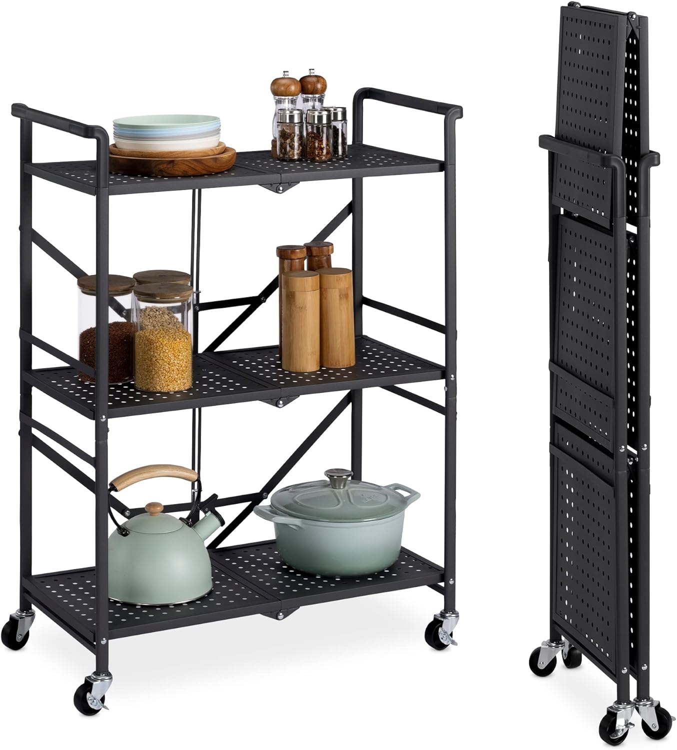 Navaris 3 Tier Folding Trolley / Rolling Utility Cart - Πτυσσόμενο Μεταλλικό Καρότσι / Τρόλεϊ Σερβιρίσματος με 3 Επίπεδα / Ράφια - Grey