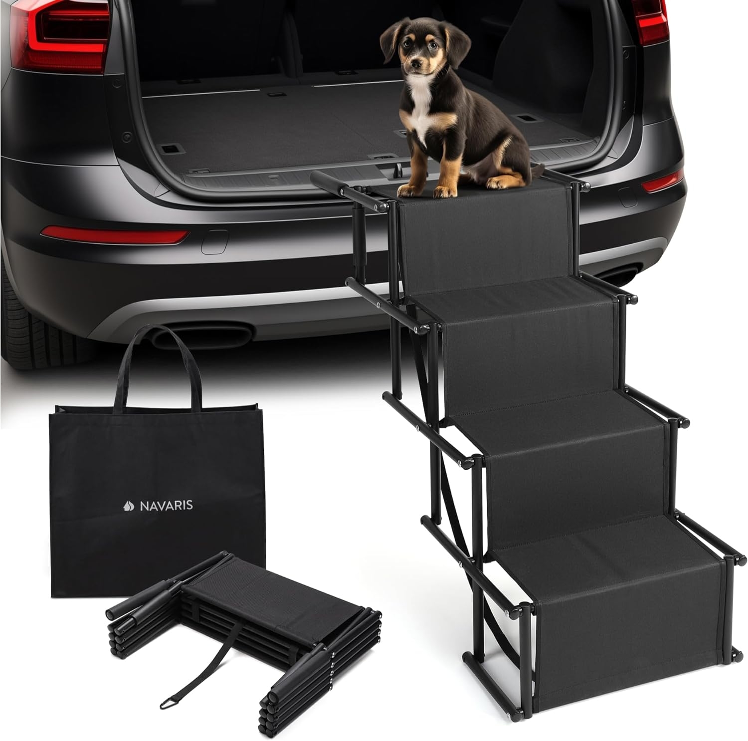 Navaris‎ 4 Step Foldable Car Dog Steps With Carry Bag - Φορητή Αναδιπλούμενη Ράμπα / Σκάλα Αυτοκινήτου για Κατοικίδια με Τσάντα Μεταφοράς - Black