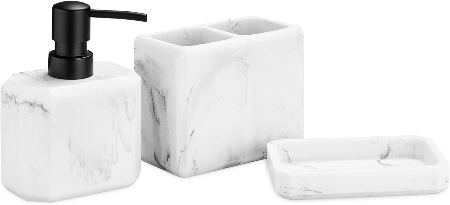 Navaris Marble Effect Bathroom Set - Σετ με 3 Αξεσουάρ Μπάνιου με Δοχείο Σαπουνιού / Δοχείο για Οδοντόβουρτσες / Βάση Σαπουνιού - White Marbleχέδιο μαρμάρου μπορεί να χρησιμοποιηθεί είτε σαν σετ των τριών είτε το καθένα ξεχωριστά. Θα διαμορφώσετε το μπάνι