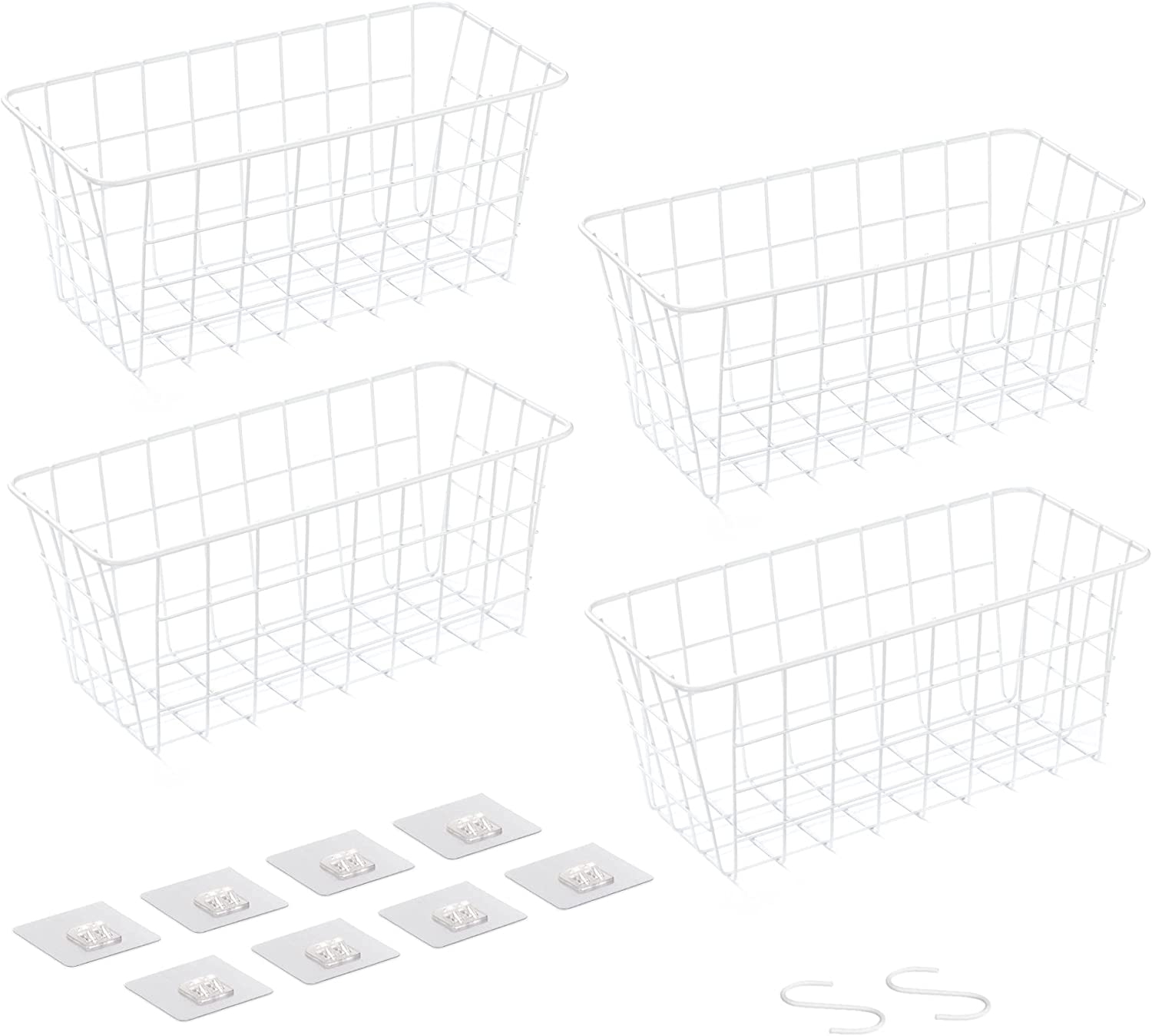 Navaris Adhesive Baskets - Σετ με 4 Αυτοκόλλητα Μεταλλικά Καλάθια Τοίχου Οργάνωσης και Αποθήκευσης - 30 x 14 x 13.5 cm - White