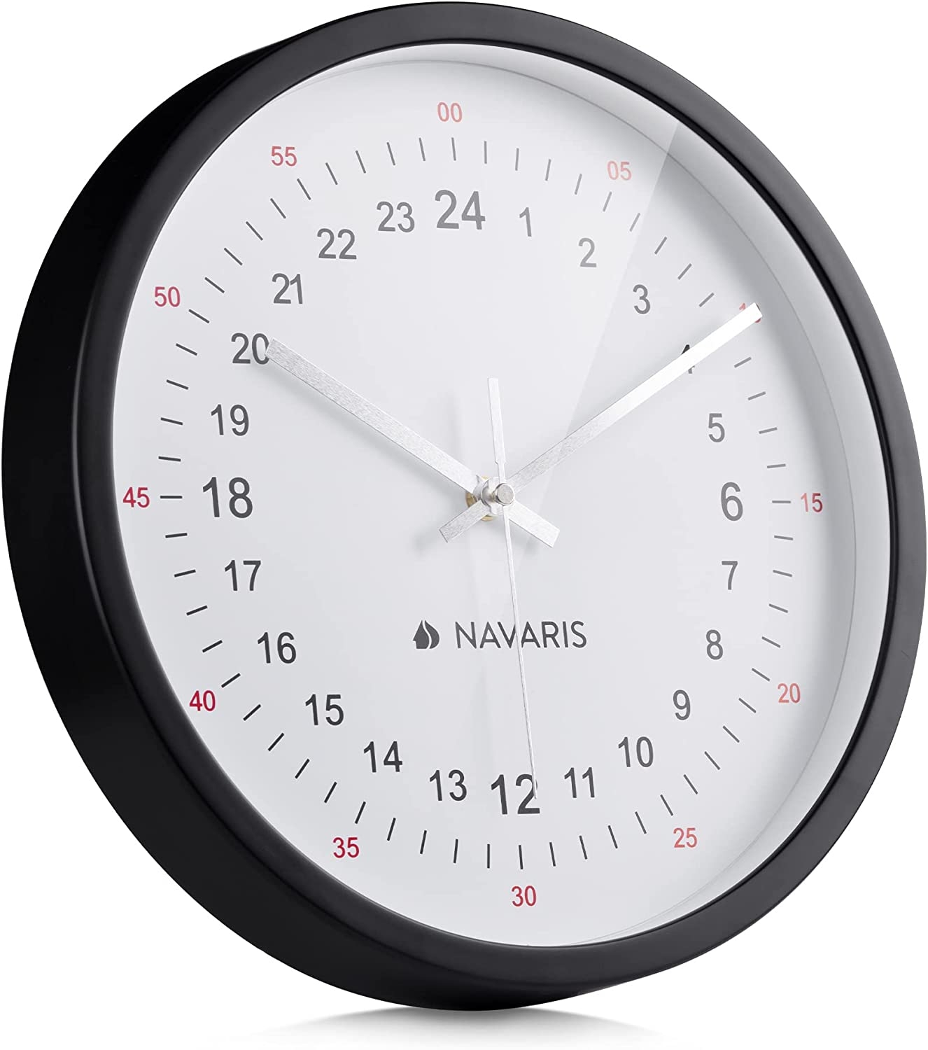 Navaris Analogue Wall Clock 24H - Αναλογικό Ρολόι Τοίχου από Γυαλί και Πλαστικό - 30 x 30 x 4 cm - Black / White