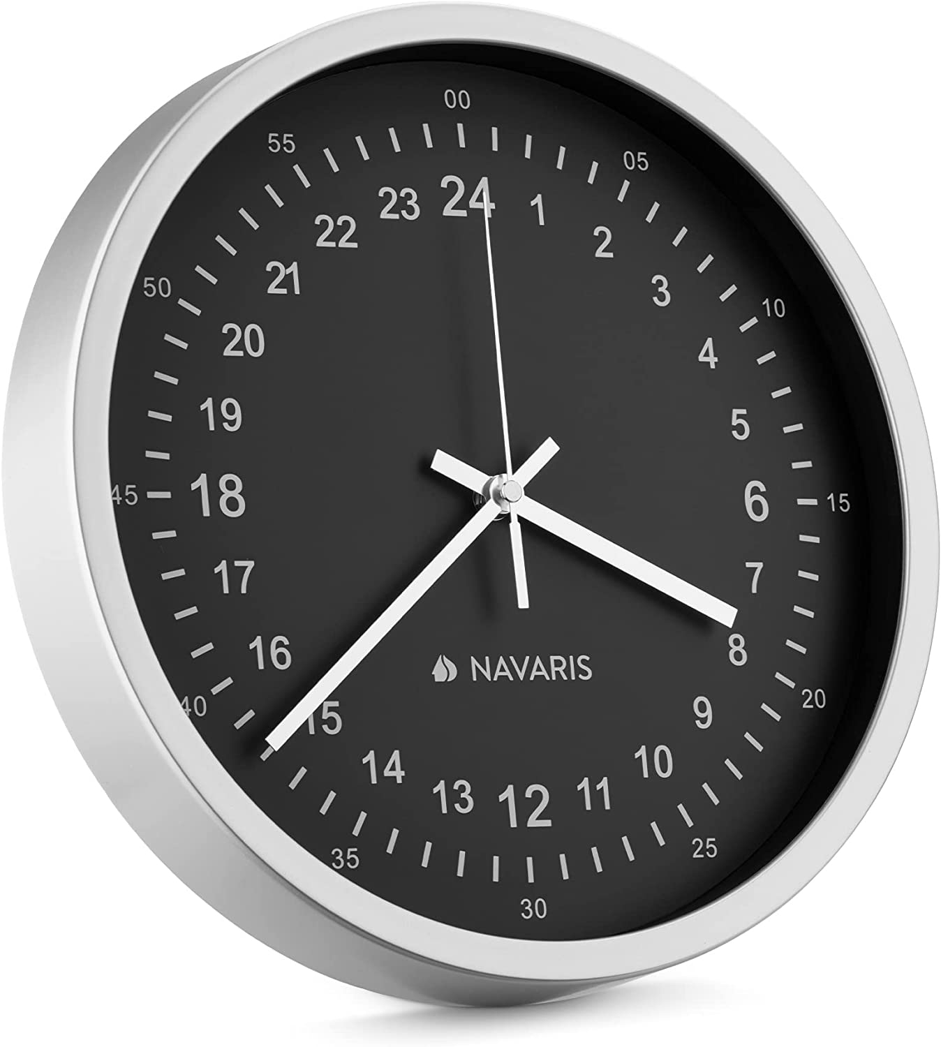Navaris Analogue Wall Clock 24H - Αναλογικό Ρολόι Τοίχου από Γυαλί και Πλαστικό - 30 x 30 x 4 cm - Silver / Black Dial