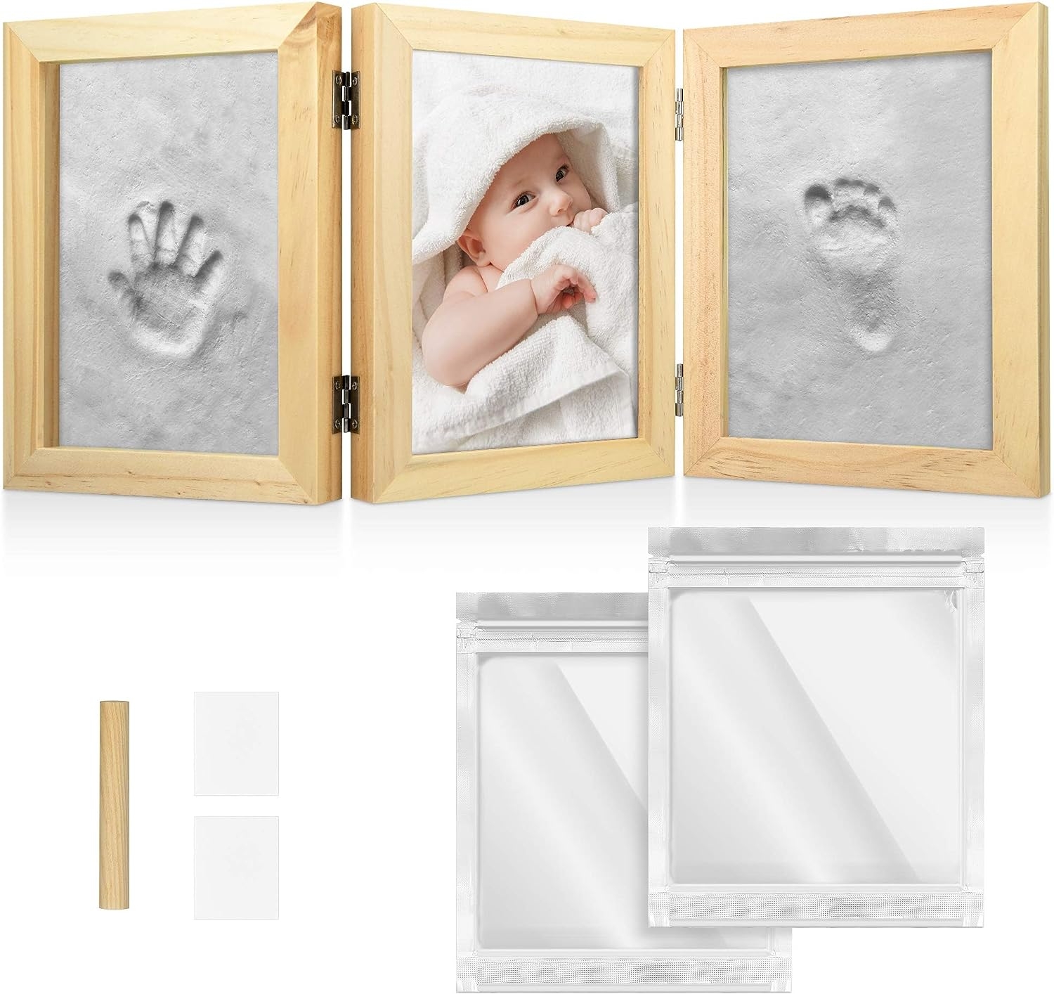 Navaris Baby Picture Frame with Plaster Cast - Κορνίζες από Ξύλο Πεύκου με Σετ 3D Αποτύπωσης Ποδιού & Χεριού από Πύλο για Βρέφη - Beige
