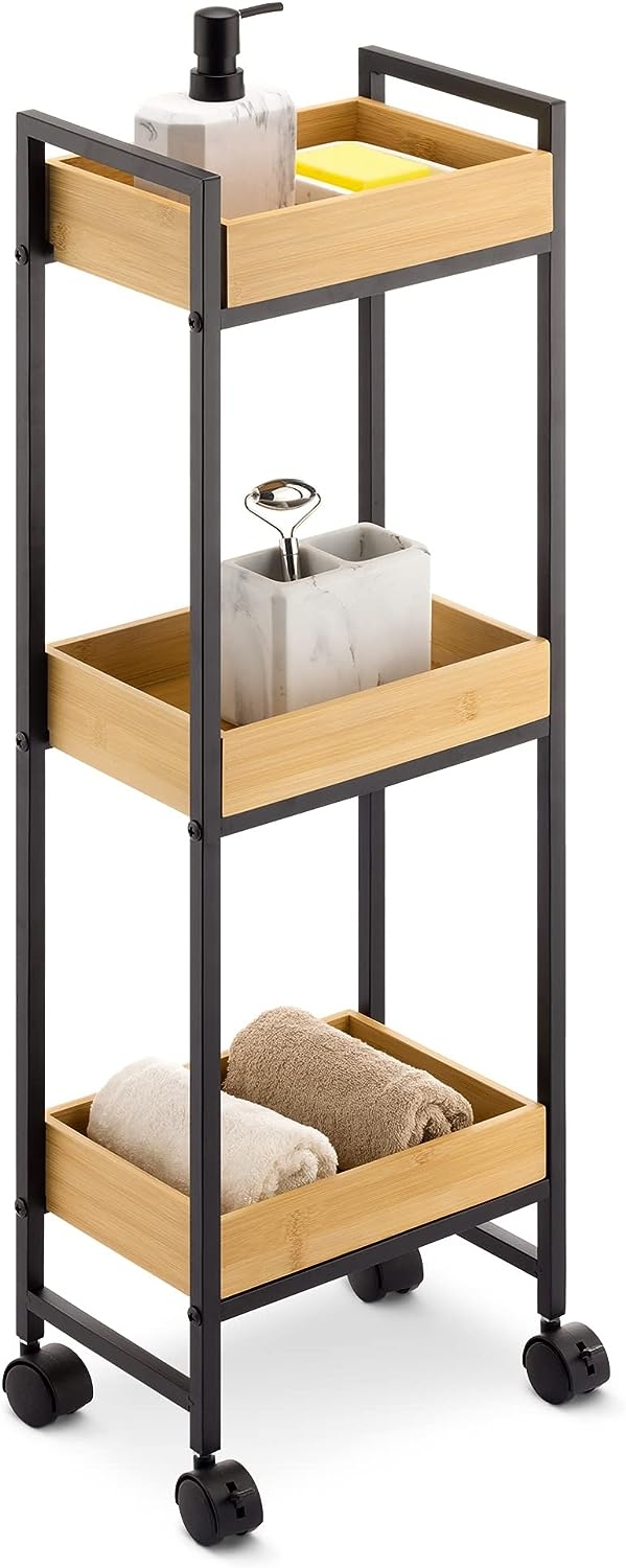 Navaris Bamboo Bathroom Trolley - Τρόλεϊ / Φορητή Ραφιέρα Αποθήκευσης 3 Επιπέδων για το Μπάνιο / Κουζίνα από Μπαμπού και Μέταλλο - 82 x 27 x 18 cm - Brown