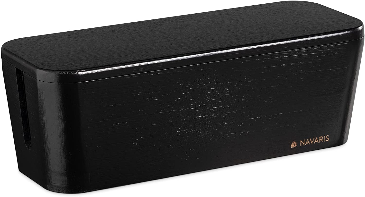 Navaris Bamboo Cable Box - Κουτί Οργάνωσης Καλωδίων από Μπαμπού με Καπάκι - 32 x 12 x 11cm - Black