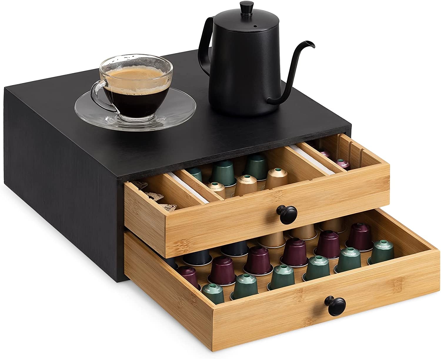 Navaris Bamboo Coffee Pod Holder with Drawer - Κουτί Αποθήκευσης με 2 Συρτάρια για Κάψουλες Καφέ / Βάση για Καφετιέρα από Μπαμπού - Brown / Black