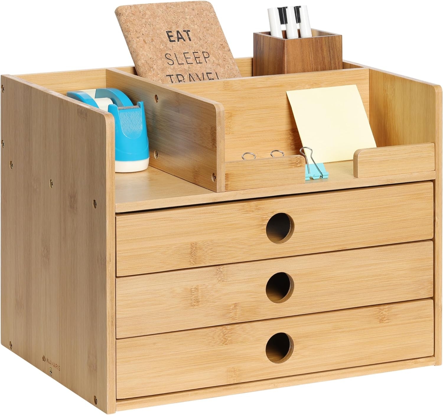 Navaris Bamboo Desk Organizer with Drawers - Ράφι / Βάση Οργάνωσης Γραφείου από Μπαμπού με 3 Συρτάρια - 33 x 24 x 26 cm - Natural
