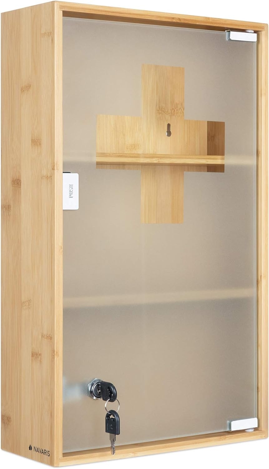 Navaris Bamboo Medicine Cabinet - Φαρμακείο Τοίχου από Μπαμπού & Tempered Glass / Ντουλάπι Πρώτων Βοηθειών με Κλειδαριά & Μαγνητικό Κλείσιμο - 50 x 30 x 12 cm - Light Brown