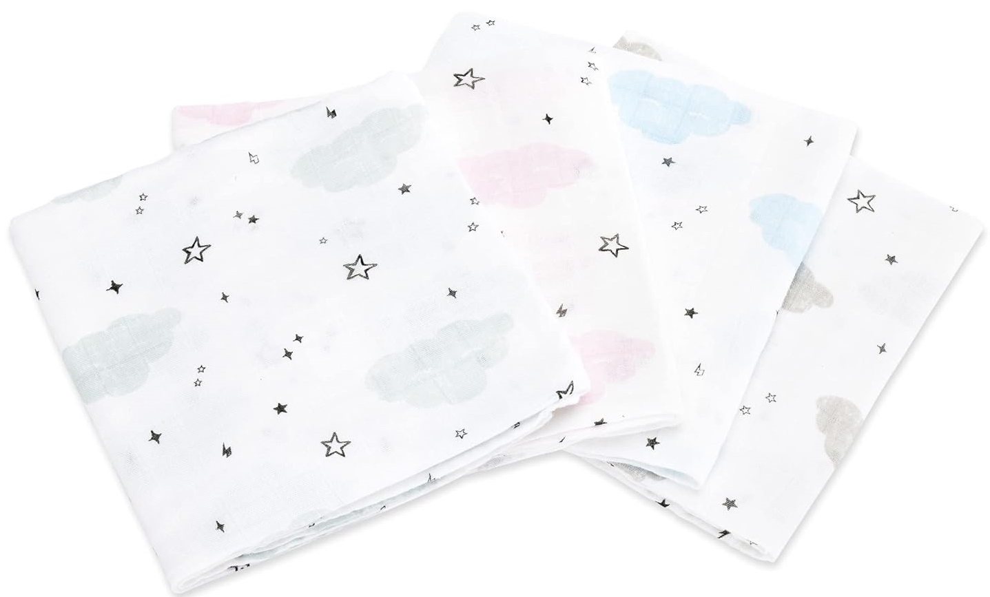 Navaris Bamboo Muslin Nappies - Σετ με 4 Πάνες Αγκαλιάς από Μουσελίνα / Μπαμπού για Μωρά - 80 x 80 cm - White / Blue