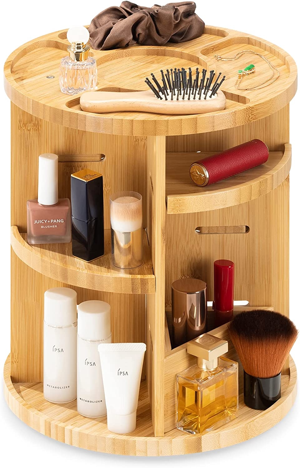 Navaris Bamboo Rotating MakeUp Organizer - Περιστρεφόμενη Βάση Αποθήκευσης και Οργάνωσης Καλλυντικών / Μακιγιάζ από Μπαμπού - 25 x 25 x 30.5 cm - Light Brown