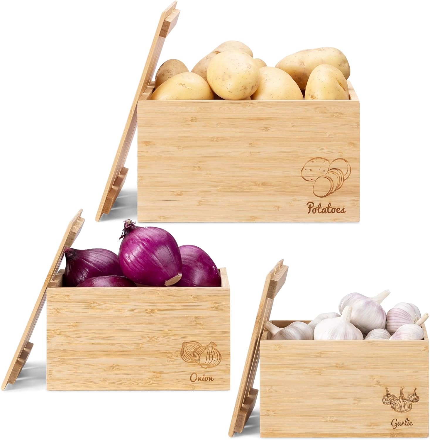 Navaris Bamboo Stackable Potato Onion Garlic Storage - Σετ με 3 Στοιβαζόμενα Κουτιά Αποθήκευσης Λαχανικών από Μπαμπού - Light Brown