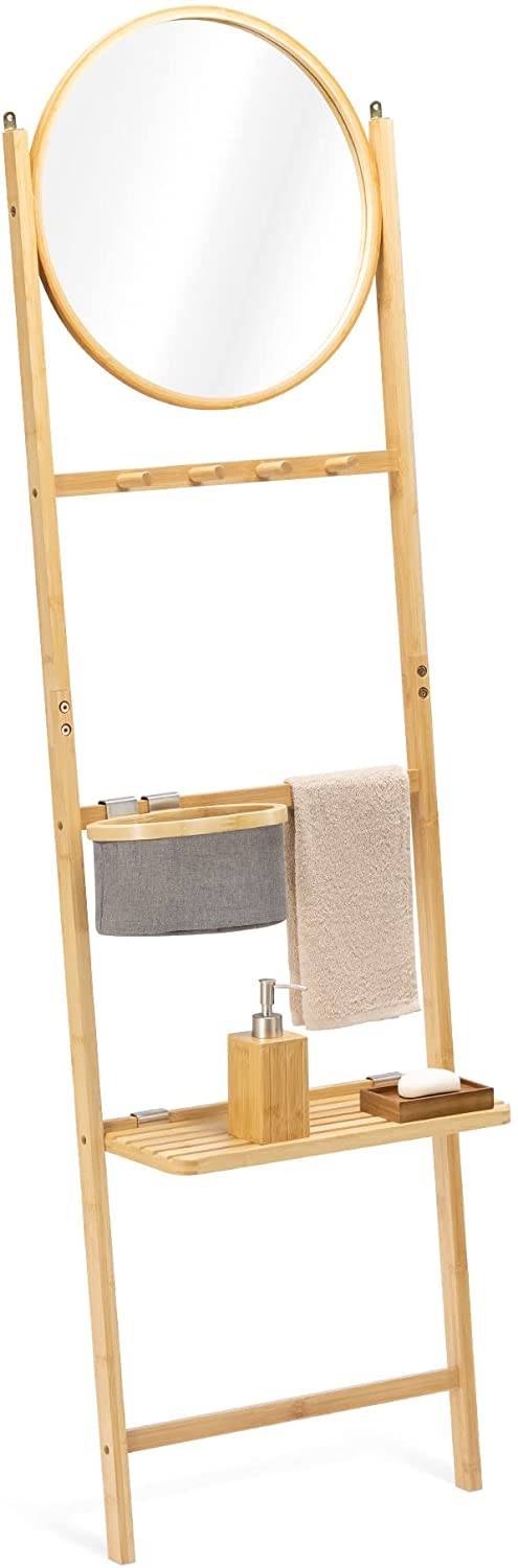 Navaris Bamboo Towel Rack with Mirror - Βάση / Κρεμάστρα Μπάνιου από Μπαμπού για Πετσέτες με Ράφι / Καλάθι και Καθρέπτη - Light Brown