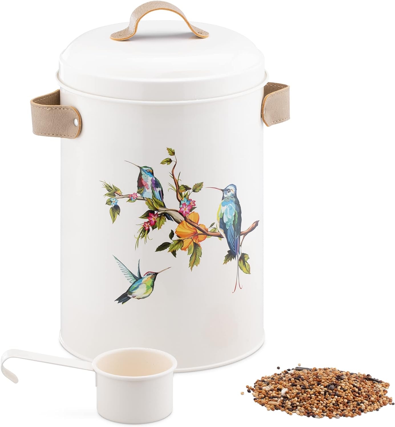Navaris Bird Seed Container - Μεταλλικό Δοχείο Αποθήκευσης Τροφής για Πουλιά / Ξηράς Τροφής για Κατοικίδια με Σέσουλα και Λαβές από PU Δέρμα - 4.9L