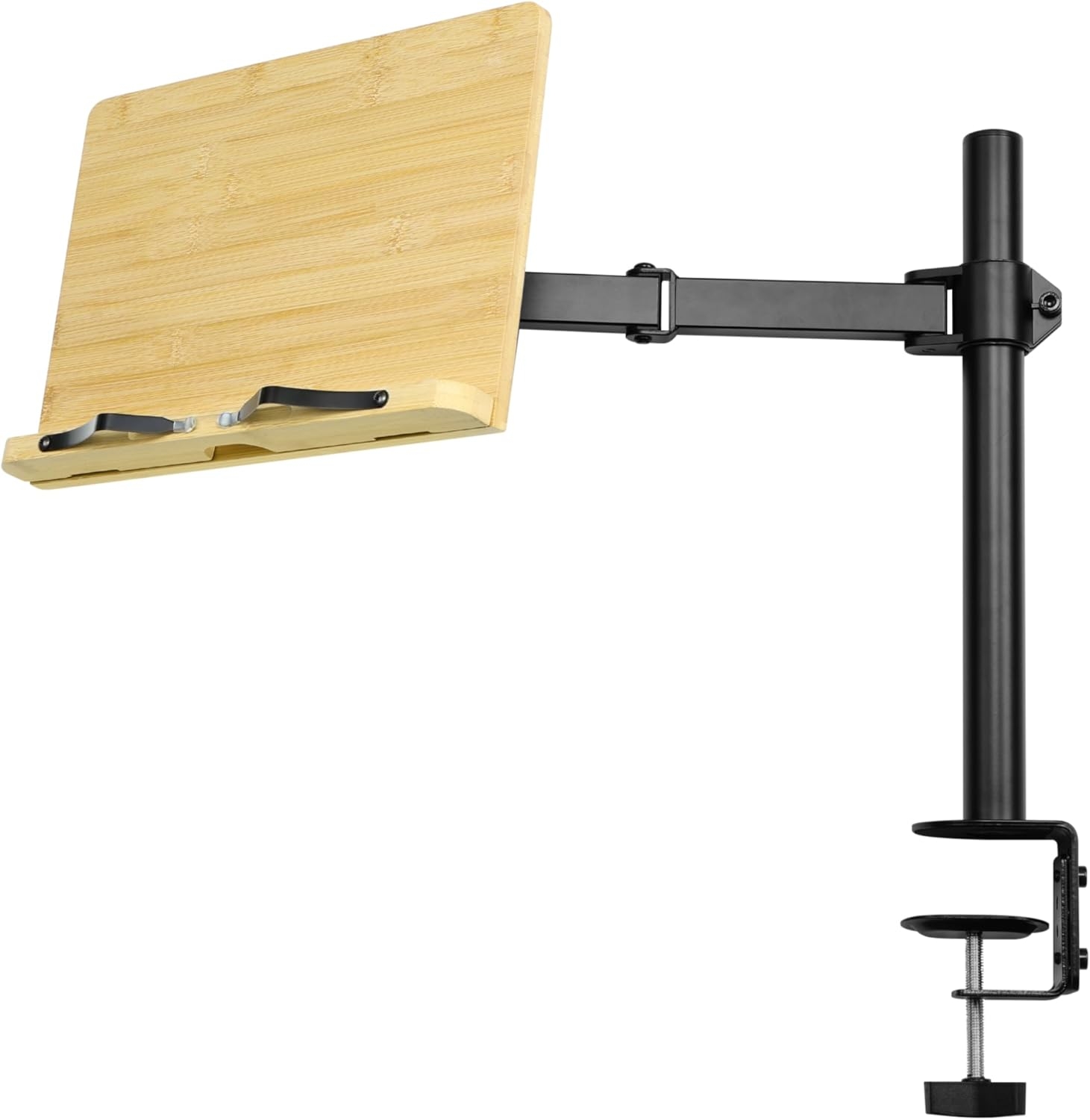 Navaris Book Stand with Clamp - Ρυθμιζόμενη Βάση με Βραχίονα & Σφιγκτήρα για Ανάγνωση Βιβλίου / Laptop / Tablet / eReader / Αναλόγιο από Μπαμπού - 34 x 24 cm - Natural Bamboo