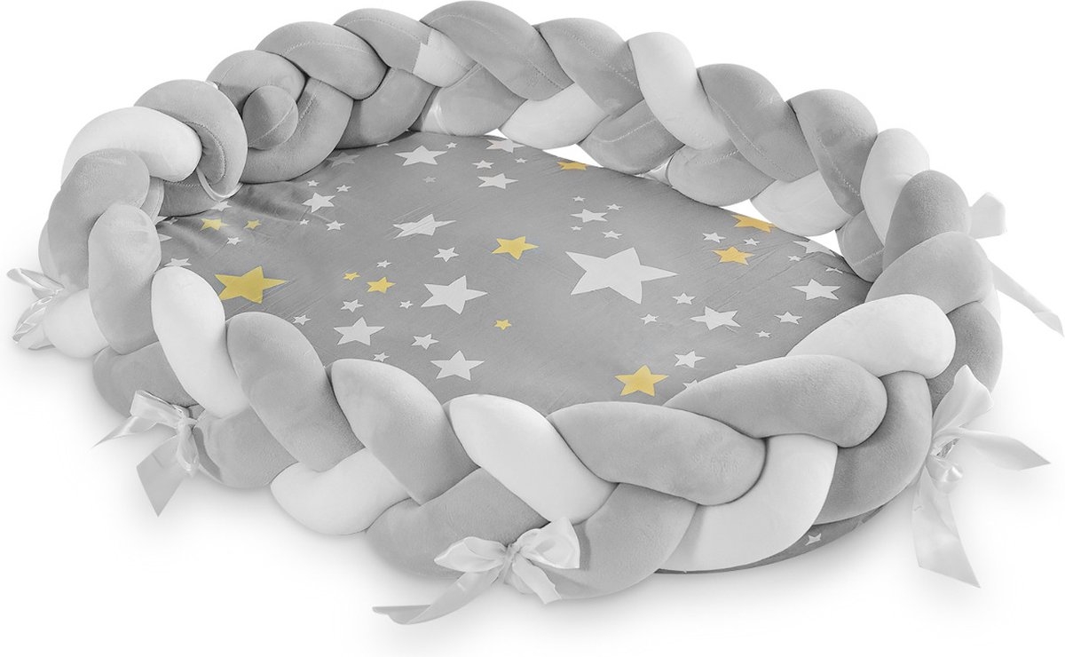 Navaris Braided Baby Nest Pod - Βρεφικό Μαξιλάρι Μείωσης Χώρου / Κρεβατάκι με Αποσπώμενη Πλεξούδα Προστασίας - Grey / White / Stars Design